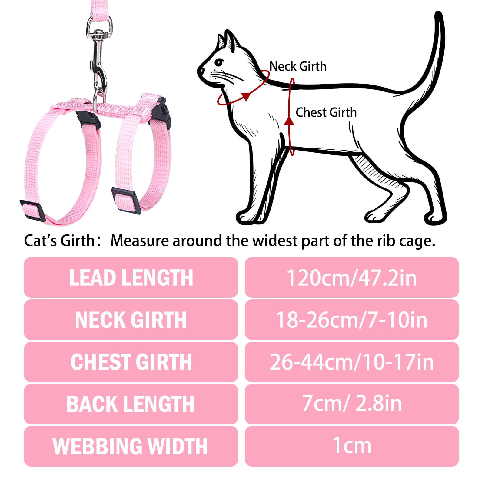Pupteck Adjustable Cat Harness And Leash Set Escape Proof Kitten Strap Collar For Walking Travel, Light Pink