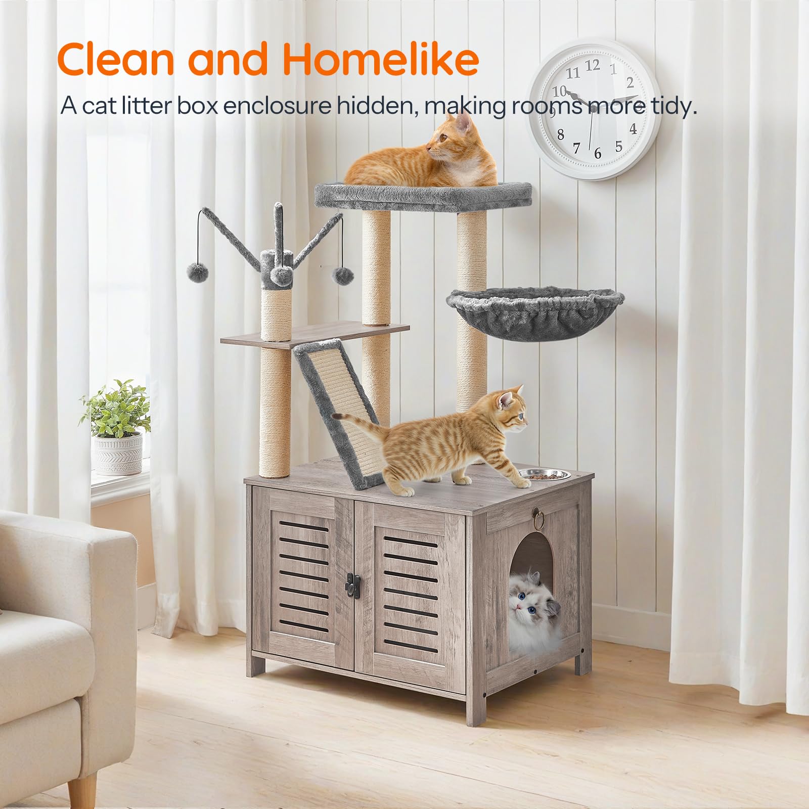 Hoobro Cat Tree With Litter Box Enclosure, 44'' Tall Wooden Cat Tower With Scratching Posts, Cat Hammock, Hidden Litter Box Furn