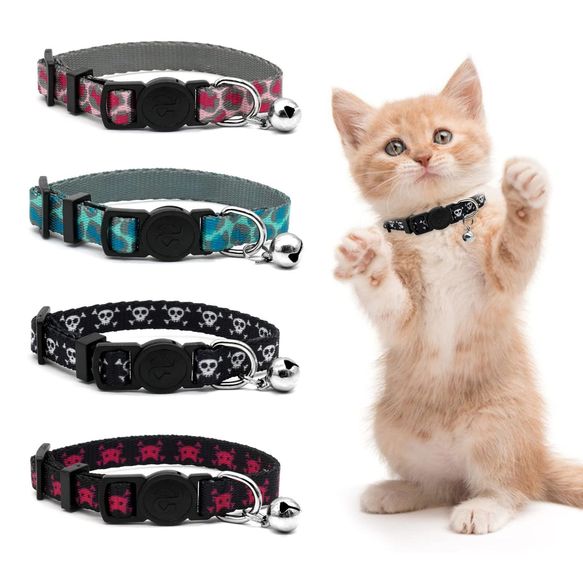 Azuza 4 Pack Halloween Kitten Collar Breakaway,Quick Release Safe Buckle Adjustable Kitten Collars, Skull Crossbones, Crossbones, Pink Leopard And Blue Leopard