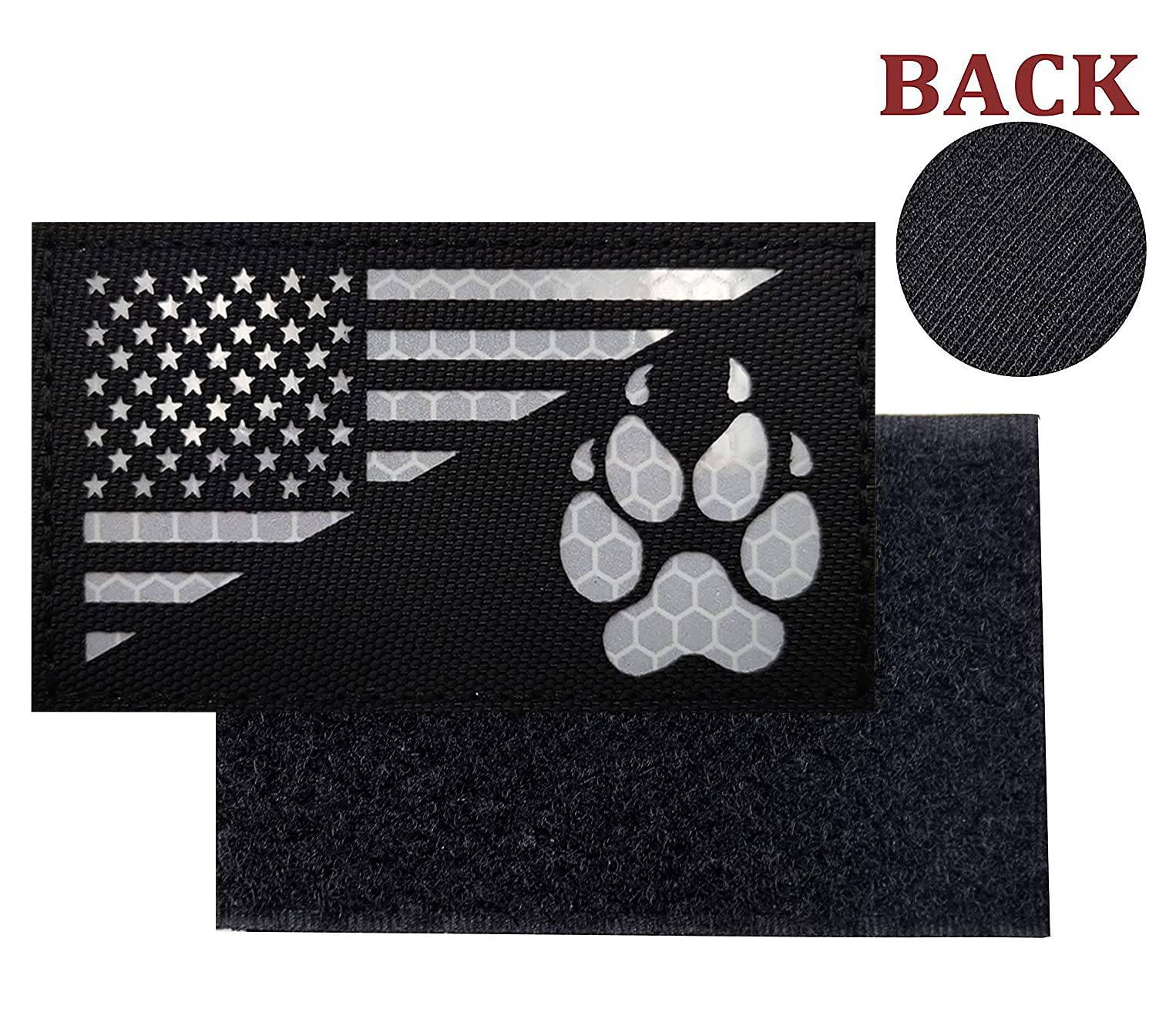 Ir Reflective Service Dog Patch Us Flag Tactical Dog Paw Patches Vests/Harnesses Fastener Hook & Loop Patch (3.54 * 1.97In- Dog Paw-Black+White)
