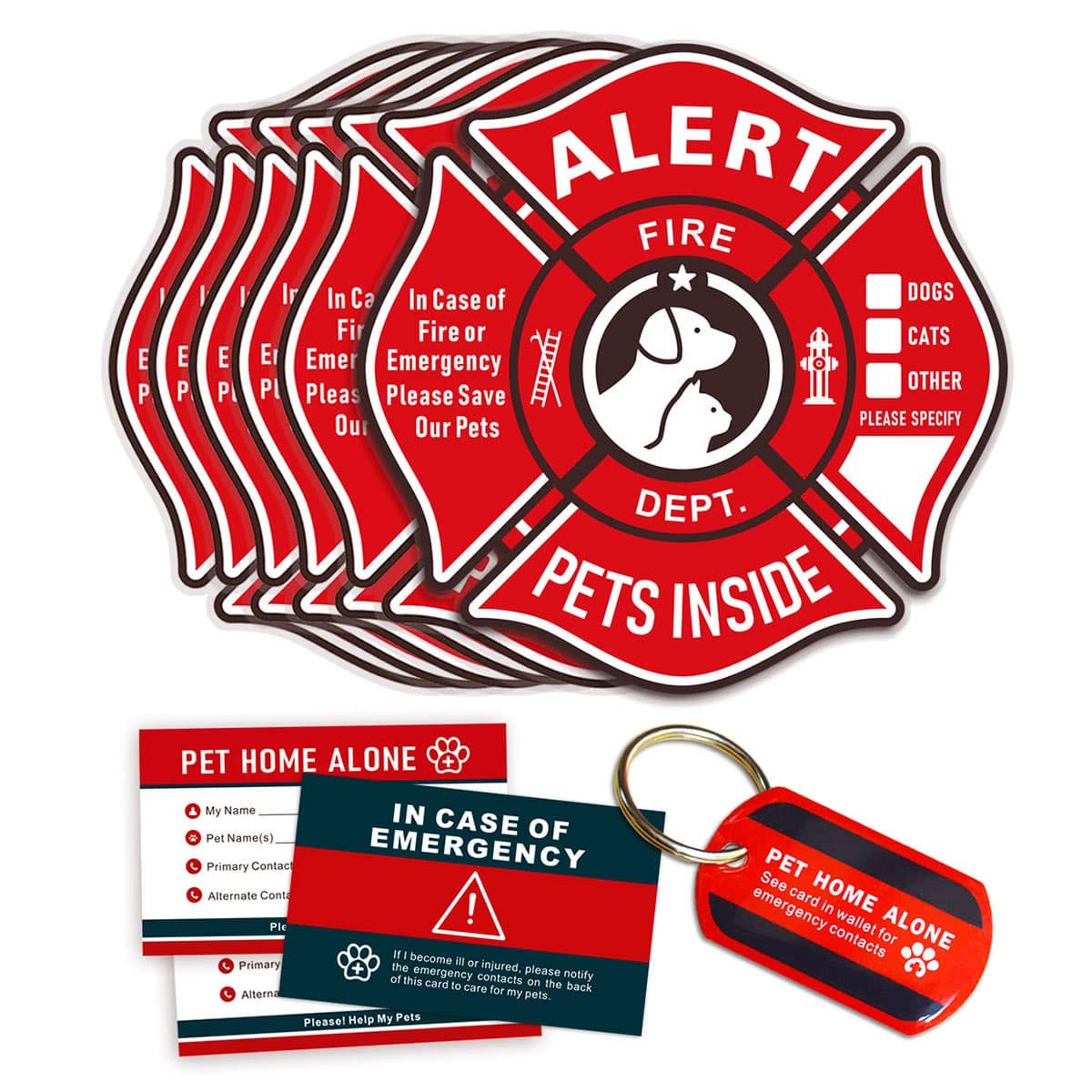 Pet Alert Stickers Static Cling Window Decals Emergency Pets Rescue Sign (6 Pack) with Bonus: Pet Home Alone Wallet Card & Key T