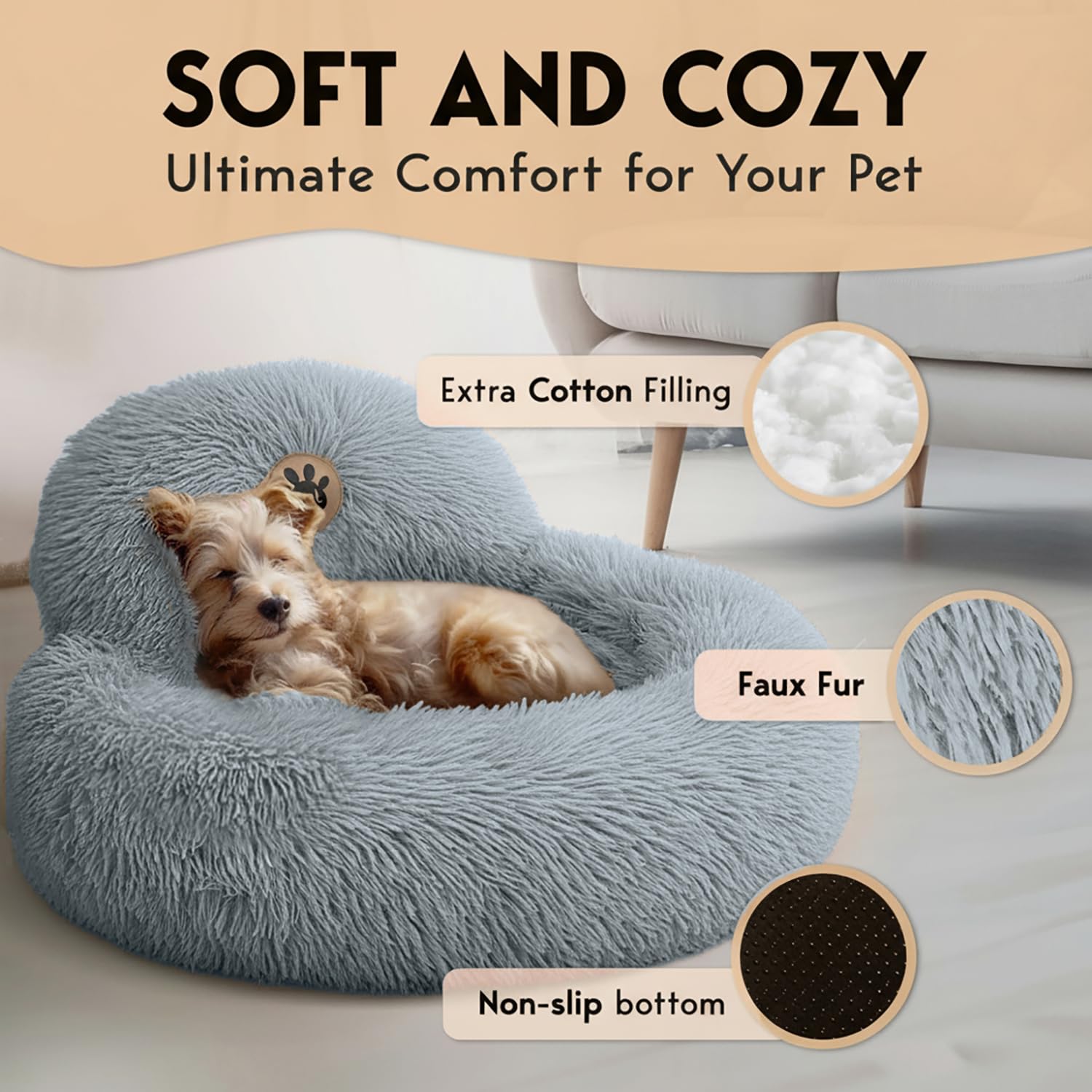 PetJett Calming Small Dog Bed - 23 Round Dog Beds, Anti-Slip & Washable Super Soft Fluffy Plush Faux Fur Pet Bed, Anti-Anxiety