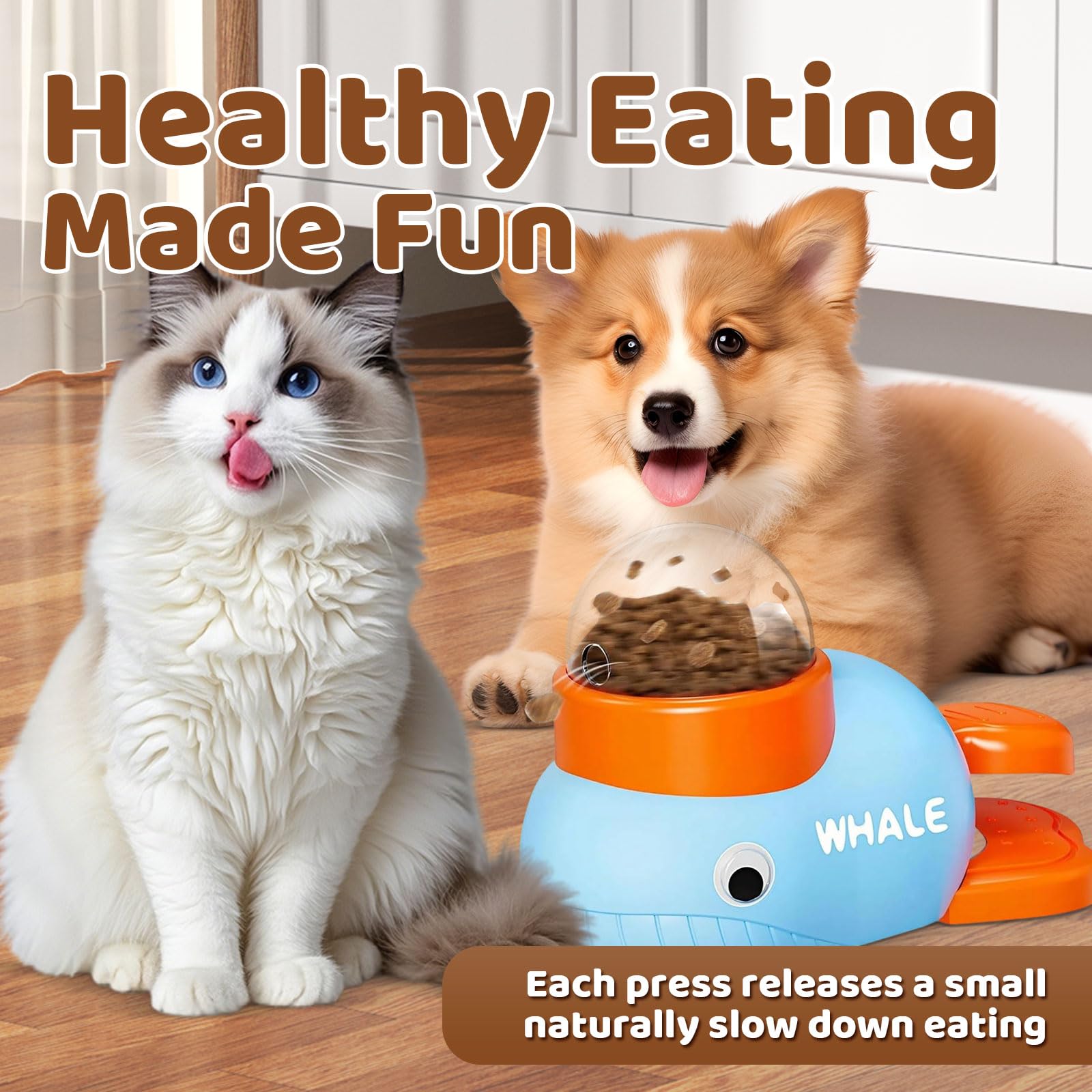 Whale Interactive Dog Treat Dispenser - Press Tail to Release Snacks, Puzzle Slow Feeder Toy for Dogs with Bonus Chew Rope Toy,