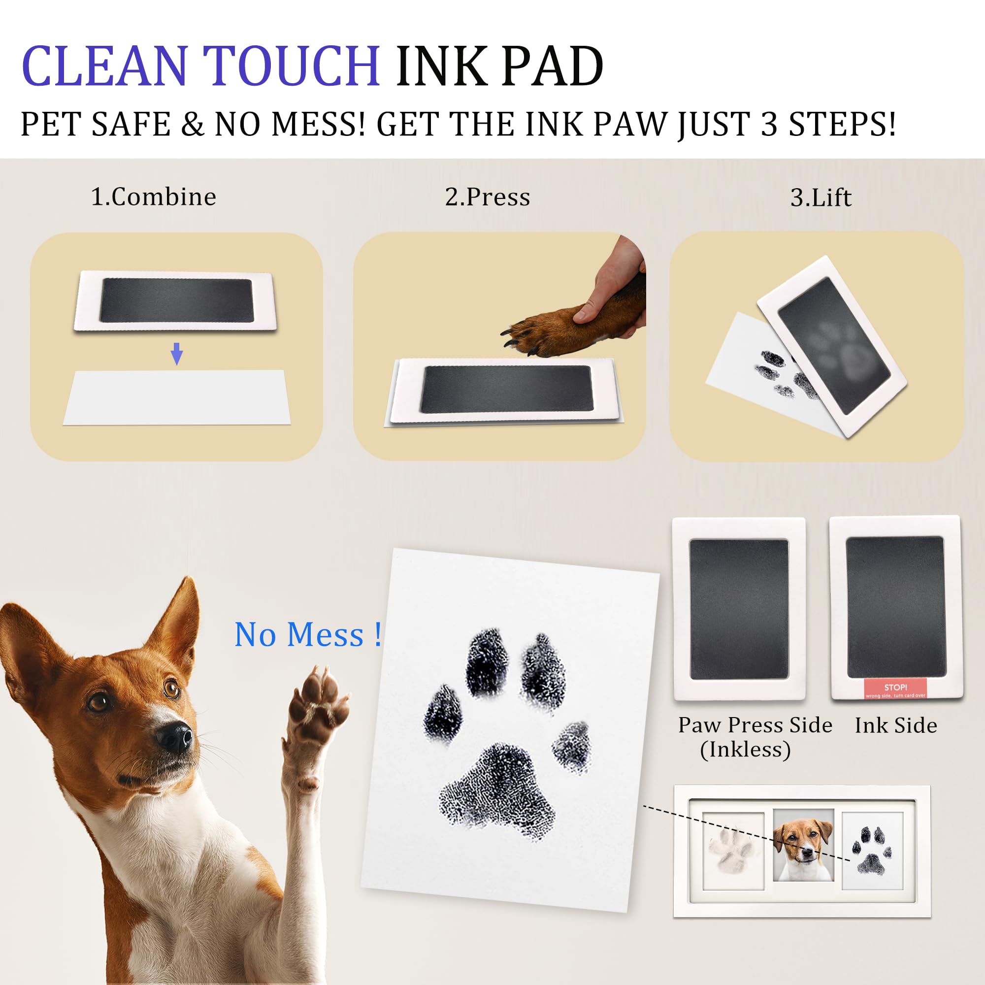 Mypawlets Paw Print Frame Kit,Dog/Cat Paw Print Kit,Soft Pawprint Clay&Clean Touch Ink Pad,Pet Paw Print Impression Kit With Cus