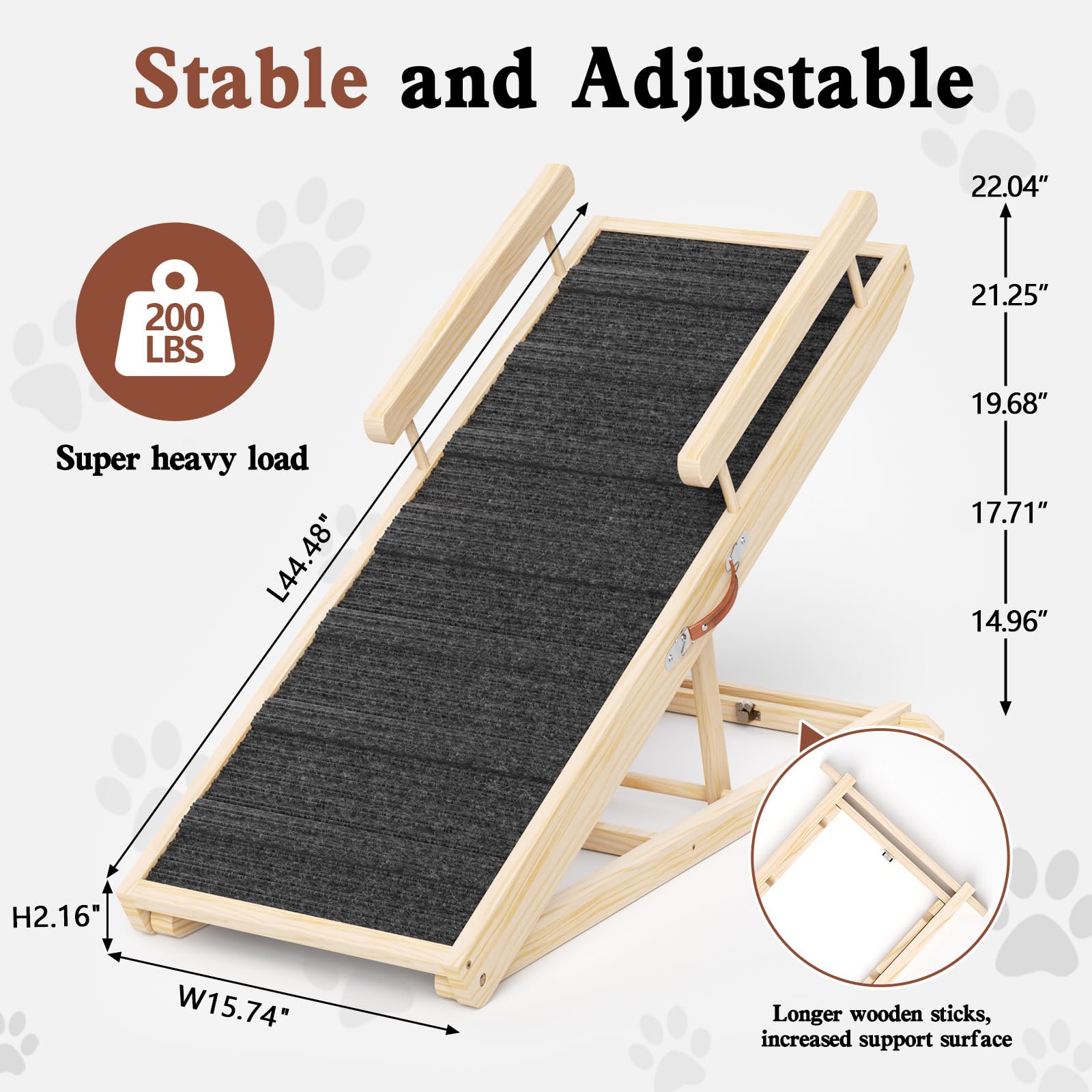 Chuiendi Dog Ramp For Bed, Couch, Car, Folding Pet Ramps 44.48'' Long Adjustable 15''-22'' Wooden Stairs With High Traction Mat