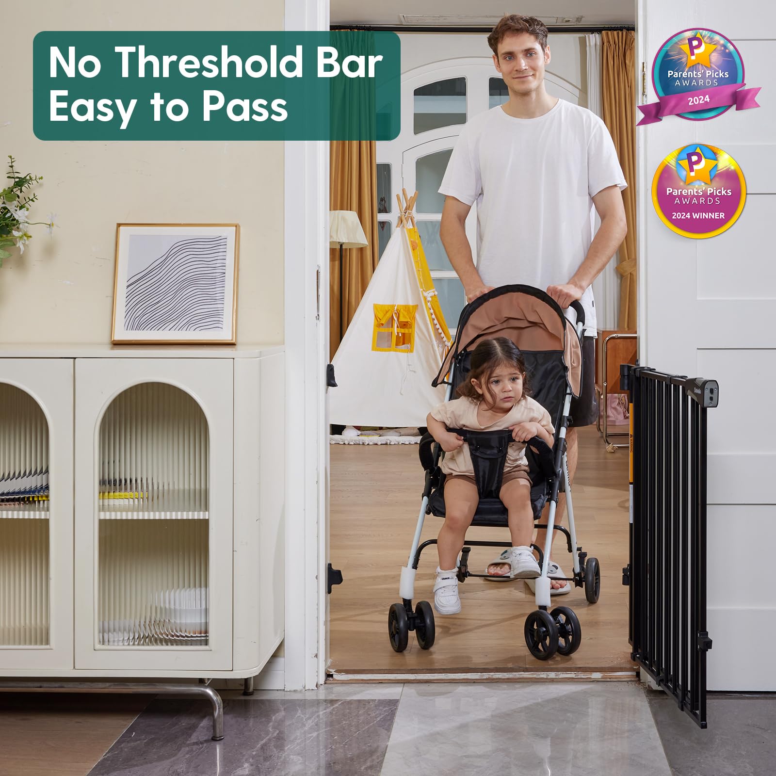 Babelio 26-43' No Bottom Bar Baby Gate For Babies, Elders And Pets, 2-In-1 Hardware Mount Dog Gate For The House, Stairs And Doorways, With Large Walk Thru Door, Black