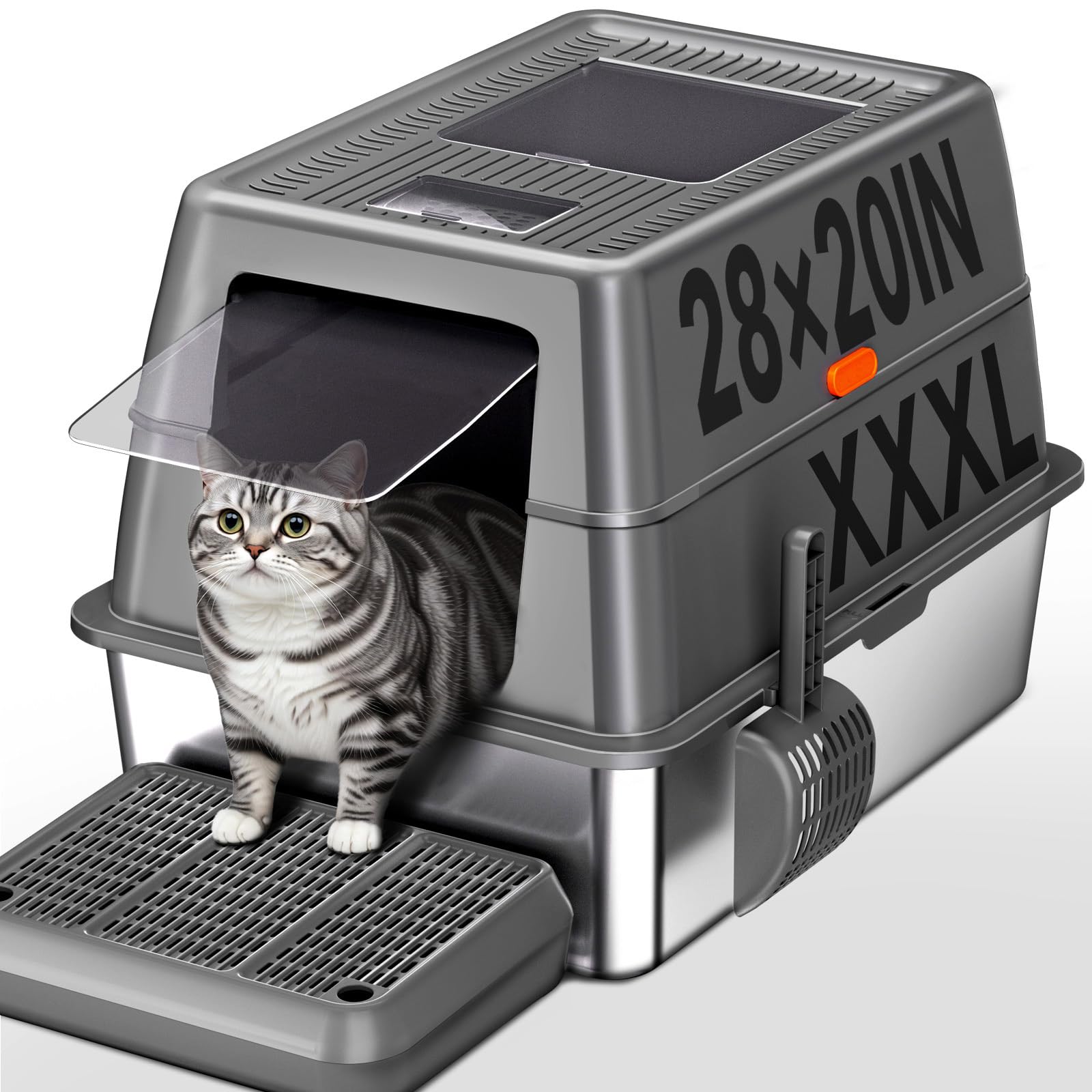 XXXL Stainless Steel Litter Box with Lid,28 L*20 W*18 H Extra Large Metal Cat Litter Boxs, Jumbo Enclosed Litter Box for Big Cat