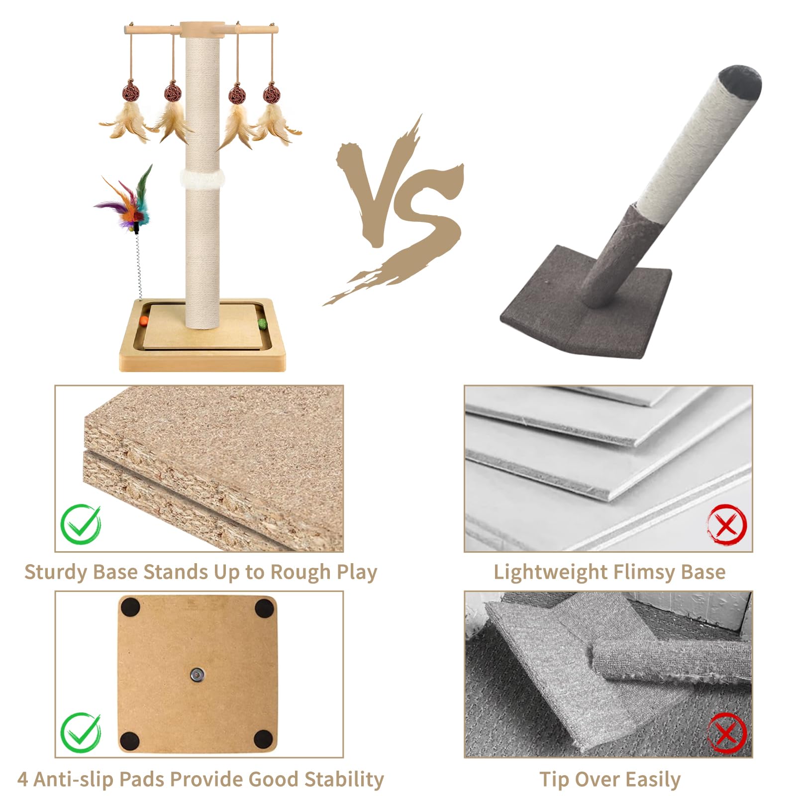 Tall Cat Scratching Post, Sisal, 33 Inches, Large Scratcher Tree Tower For Indoor Cats Adults With Hanging And Ball Track, 2 Mou