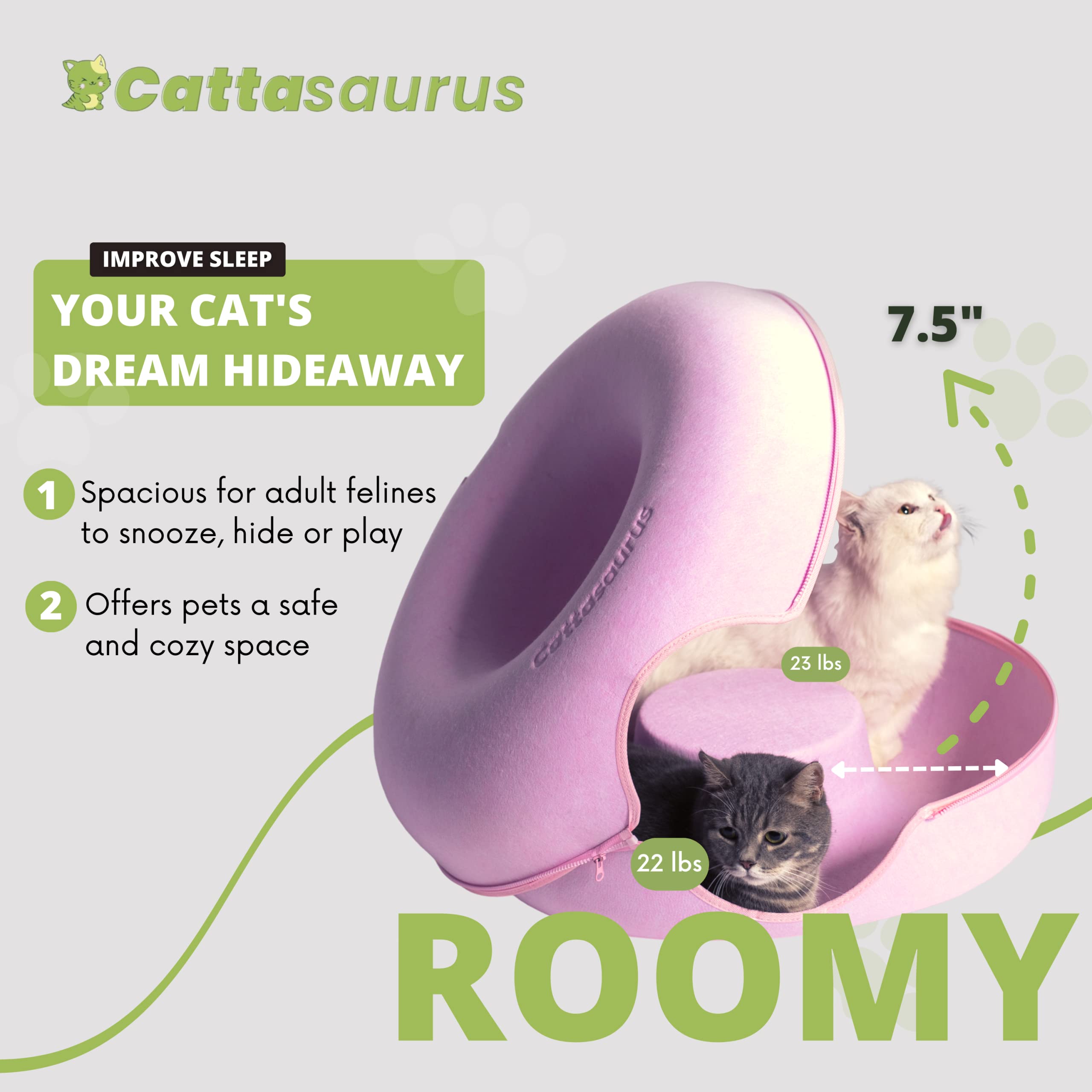 Cattasaurus Peekaboo Cat Cave For Multiple & Large Cats Up To 30-45 Lbs, Scratch Detachable & Washable Tunnel Bed, Comfy Donut Cat Cave (Pink, Large)
