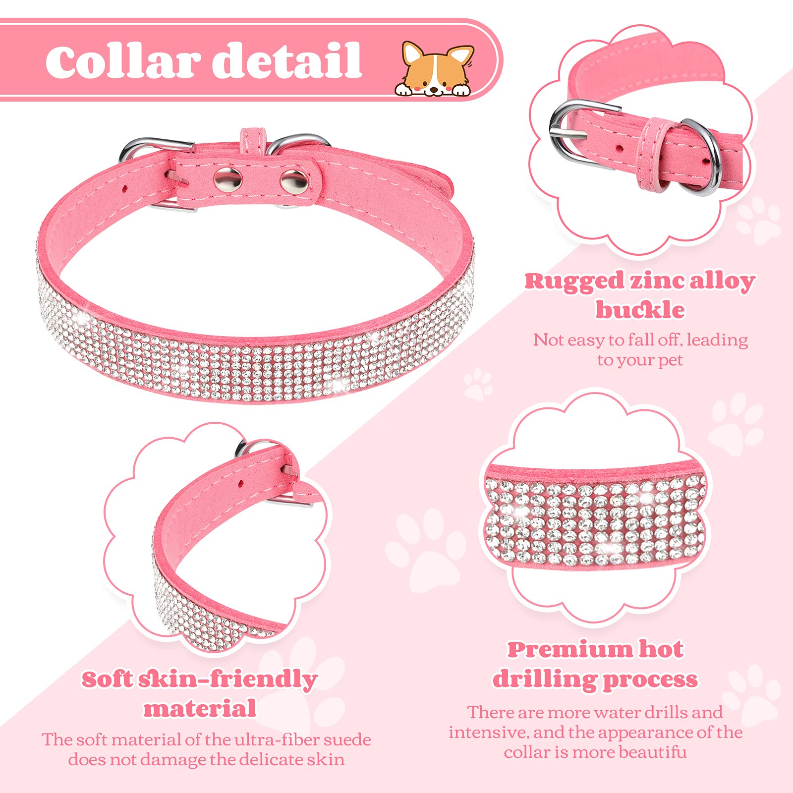 2 Pieces Pu Leather Dog Collar Pink Rhinestone Pet Collar Flower Pattern Studded Dog Collar Adjustable Bling Puppy Collar Pu Leather Crystal Pet Collars For Dogs (M 12-15 Inch)