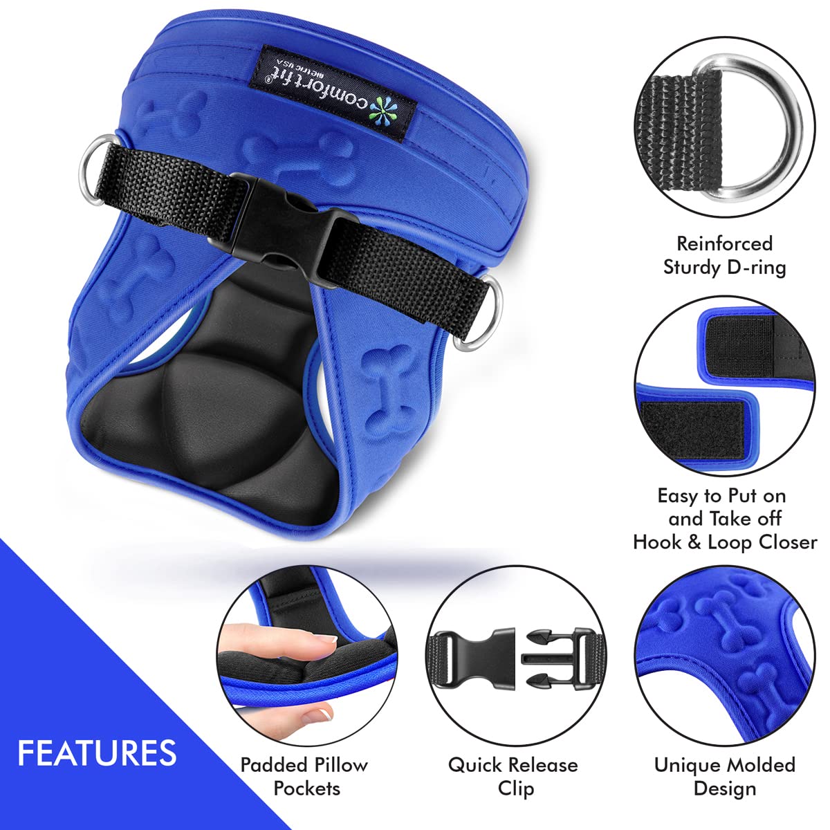 Metric USA Dog Harness - Comfort Fit Adjustable Vest for Small/Medium Dogs, Padded Soft Polyester, Blue, Size M (Chest 16-20”)