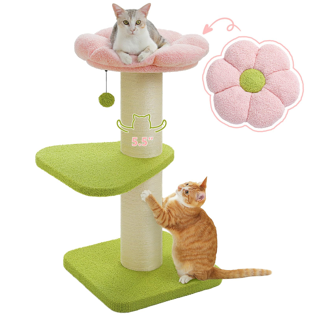 Pequlti 36.2 Cat Scratching Post For Large Cats, Flower Cat Scratcher With Super Thick Scratching Post [Dia=5.5''], Flower Cat B