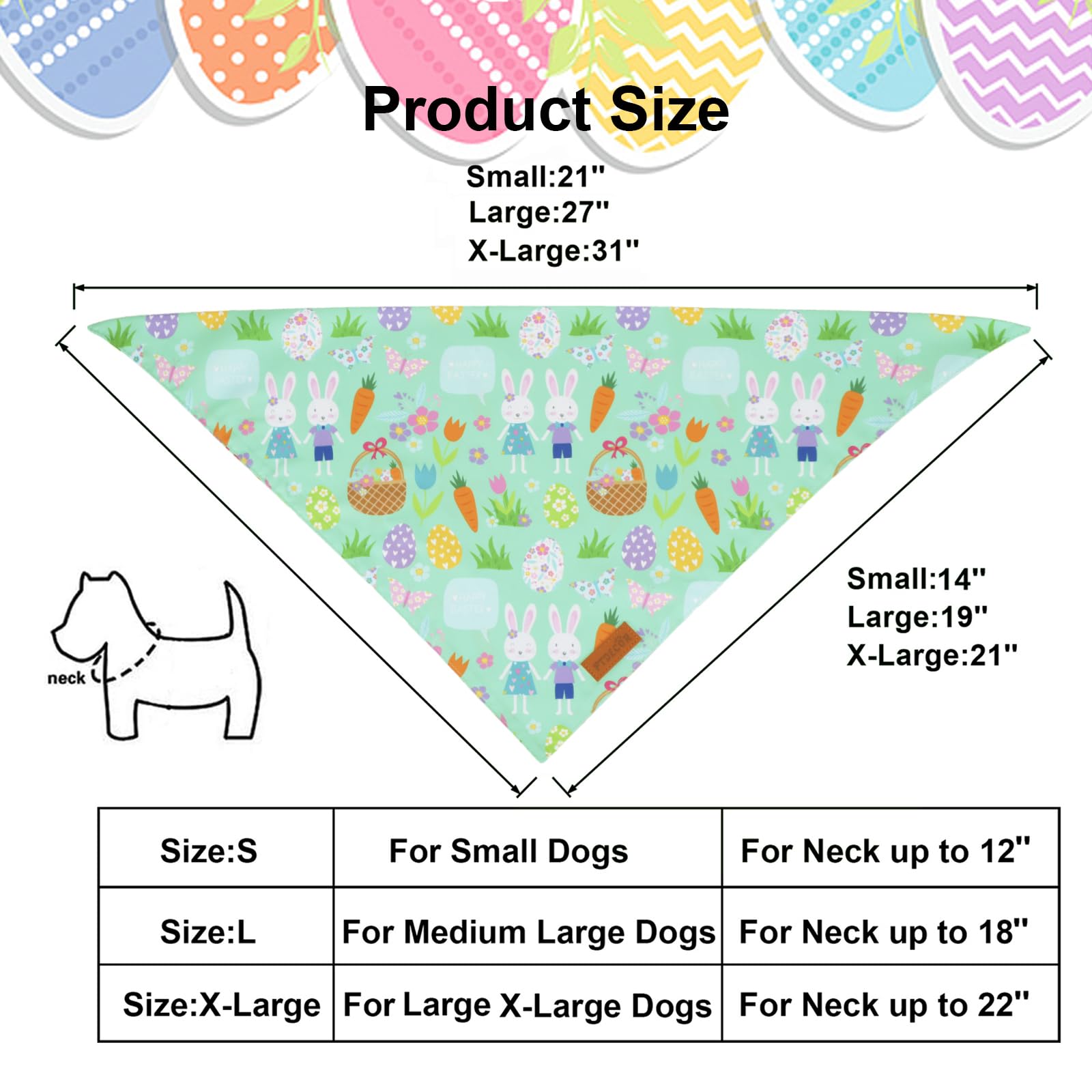 Ptdecor Easter Dog Bandana, Reversible Rabbit Easter Egg Dog Scarf, Multi Size, White Green Bandanas For Medium Large Dogs Pets