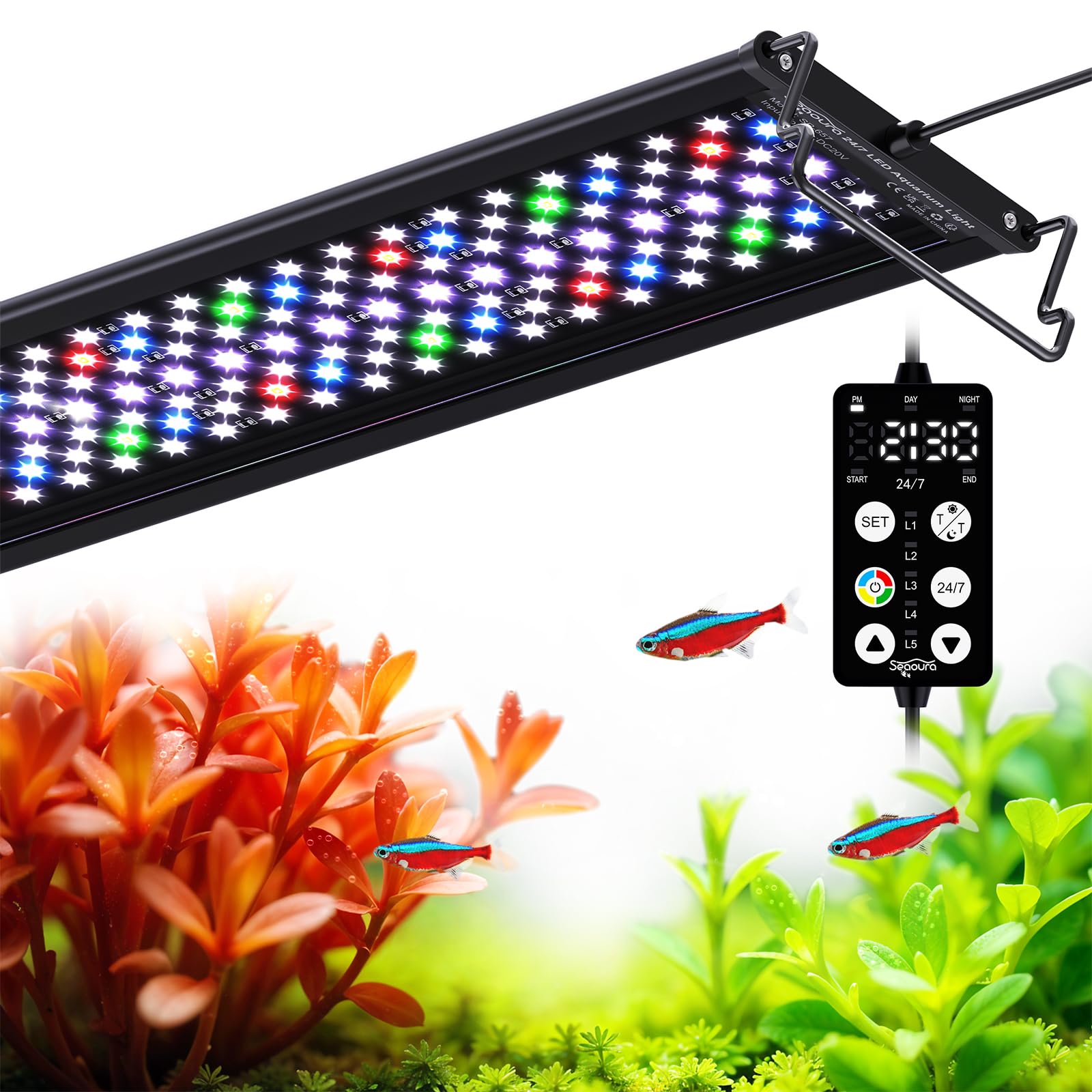 SEAOURA Aquarium Light for Fish Tank, 24/7 Custom Timer, Power-Off Memory, 7-Row LED 24-30in Full Spectrum Fish Tank Lights, 8 C