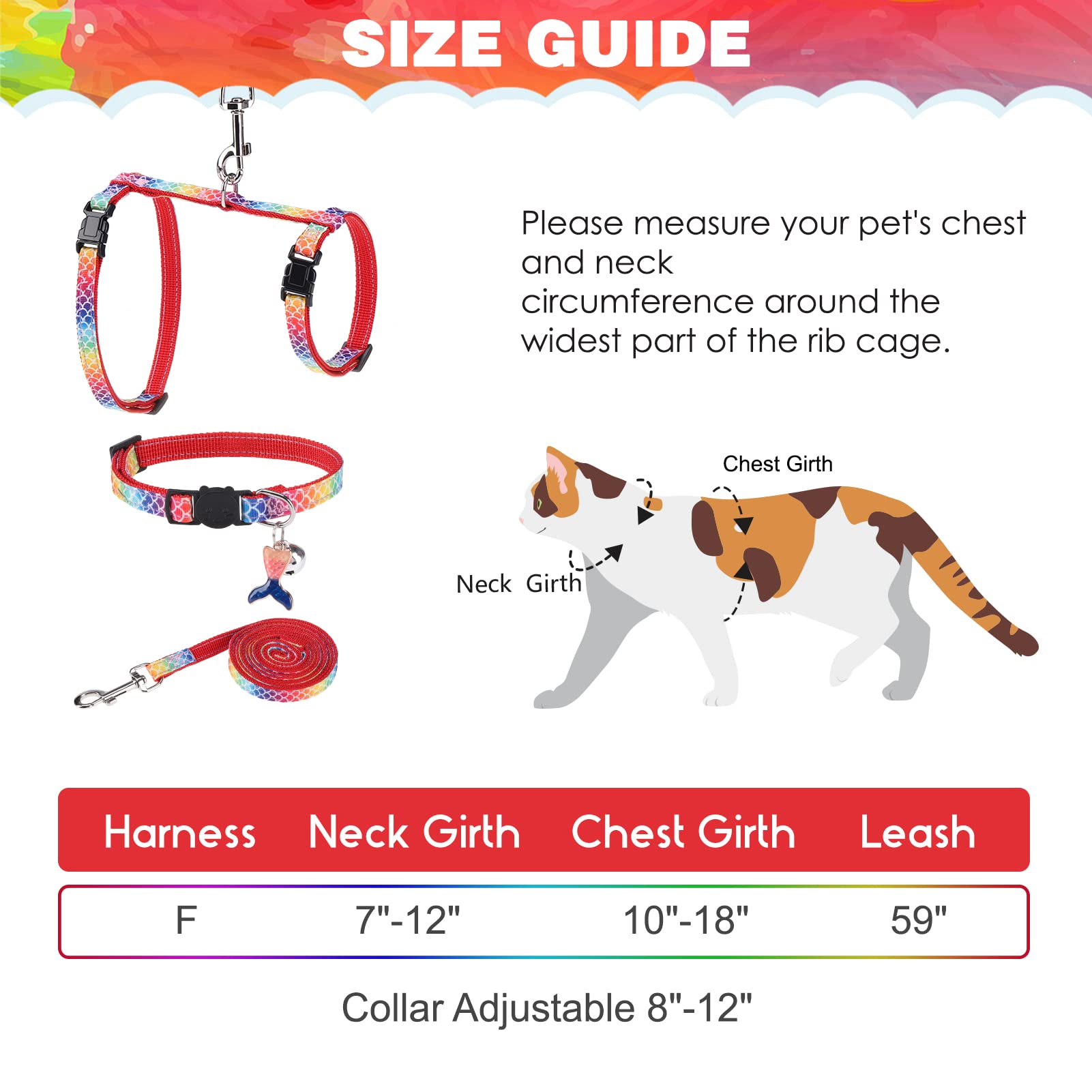 Pawchie Cat Harness With Leash And Collar Set - Escape Proof Adjustable Glow In The Dark Cat Harness For Kitty Outdoor Walking Multicolor