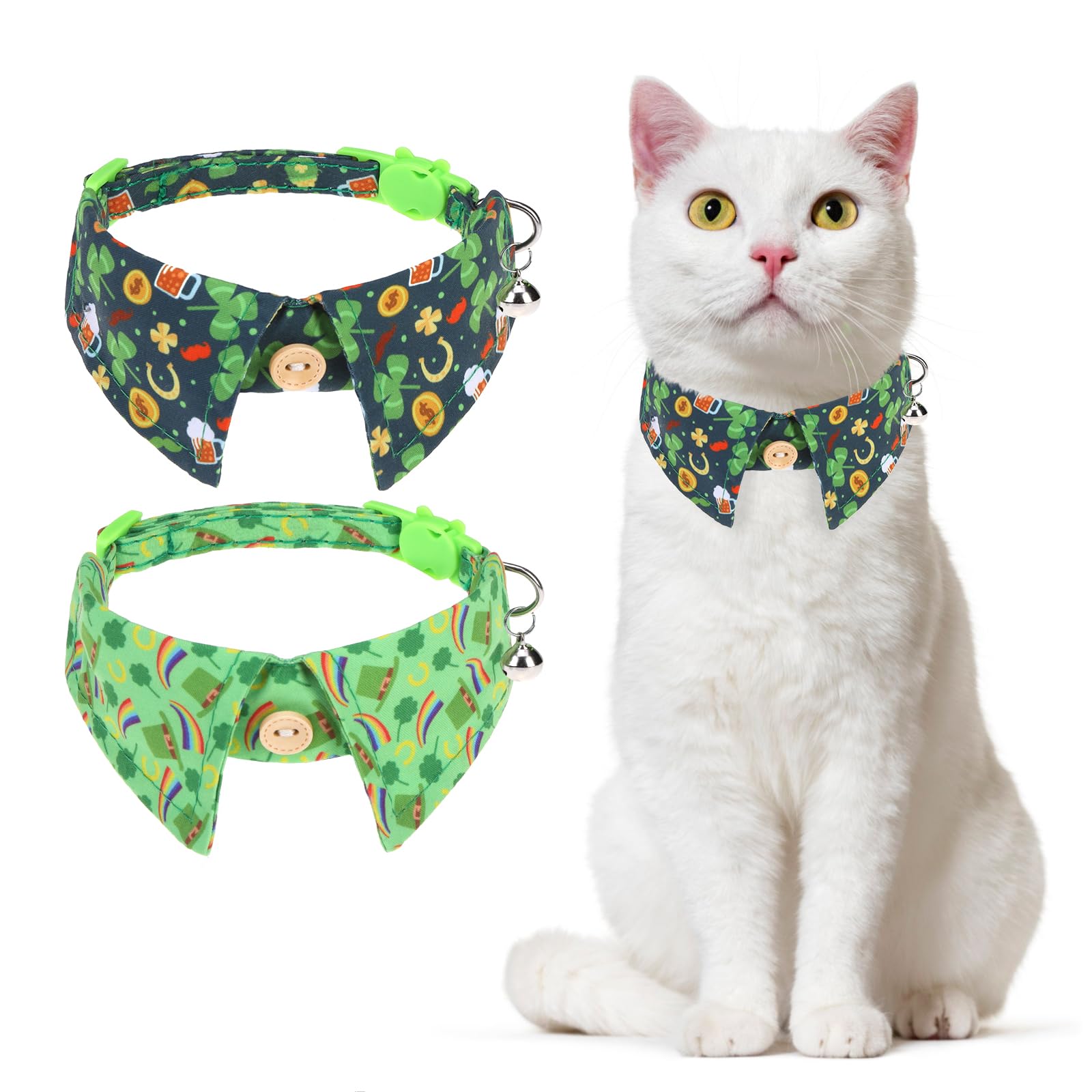 Dillybud St. Patrick'S Cat Collar Breakaway, Irish Clover Cat Collar With Bow, Green Shamrock Spring Cat Collars With Bells