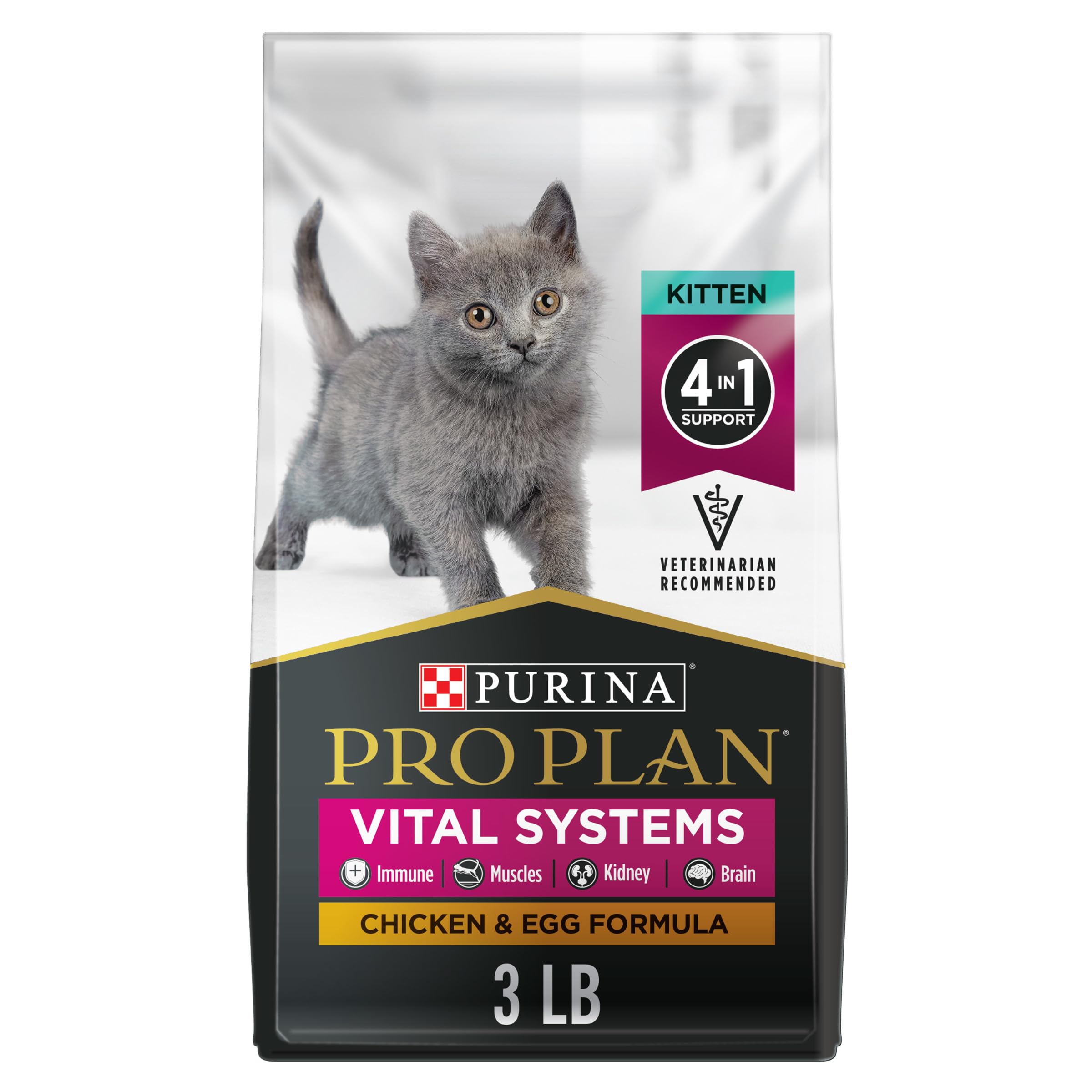 Purina Pro Plan Vital Systems Chicken and Egg Formula Kitten Dry Food 4-in-1 Immune, Muscles, Kidney and Brain and Vision - 3 lb
