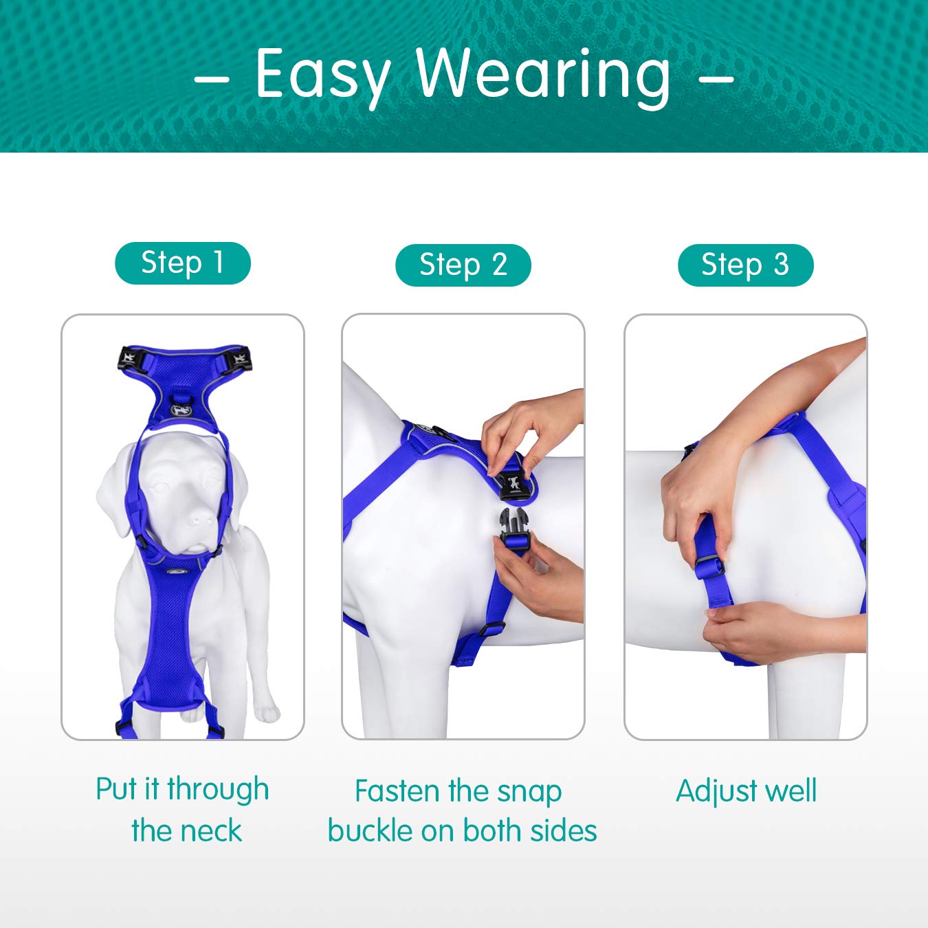 Poypet Reflective Soft Breathable Mesh Dog Harness Choke-Free Double Padded Vest With Adjustable Neck And Chest(Royal Blue,M)