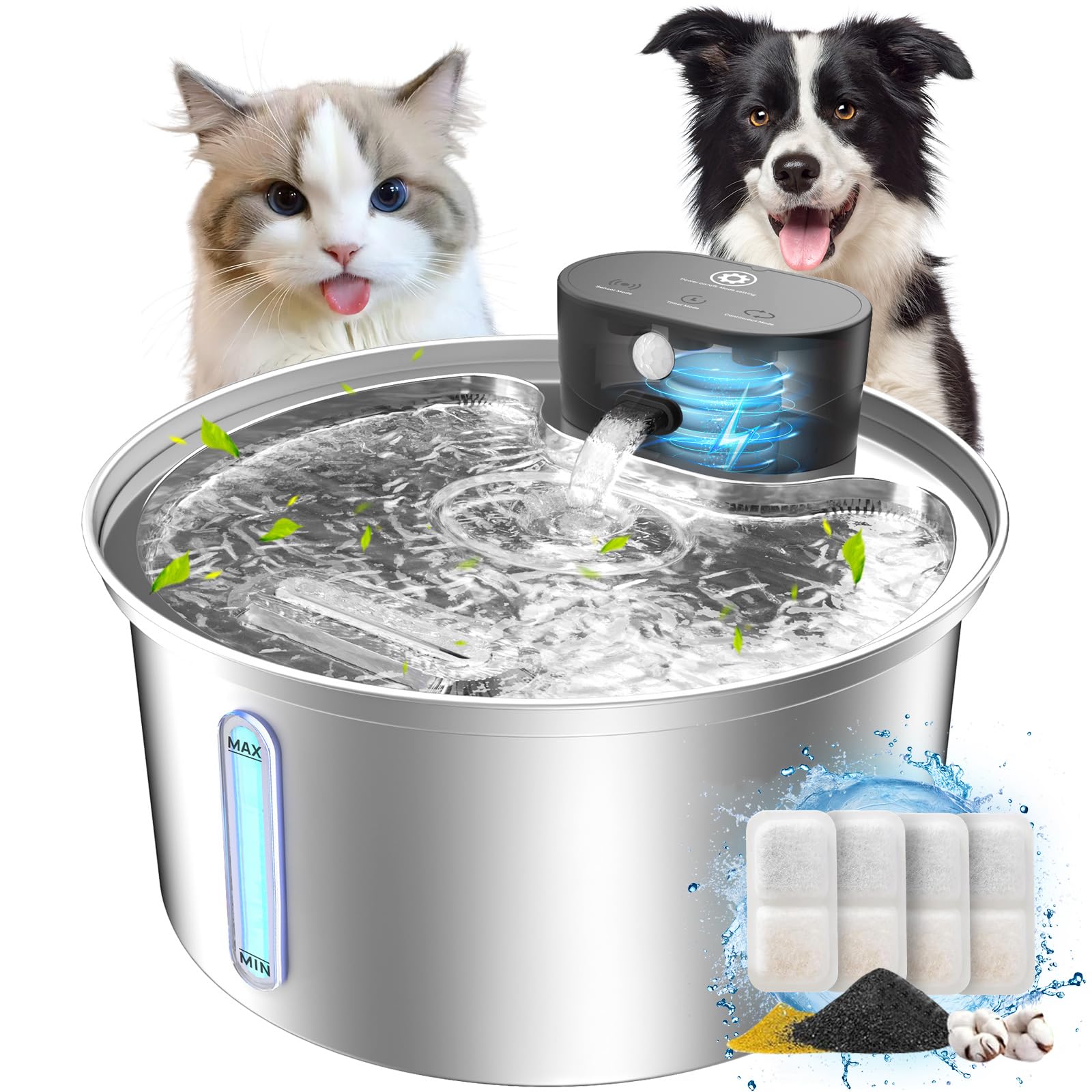 Wireless Cat Water Fountain Stainless Steel, 2025 Upgraded New Sensor - 3 Work Modes, 6000Mah Battery Operated Cat Water Fountai