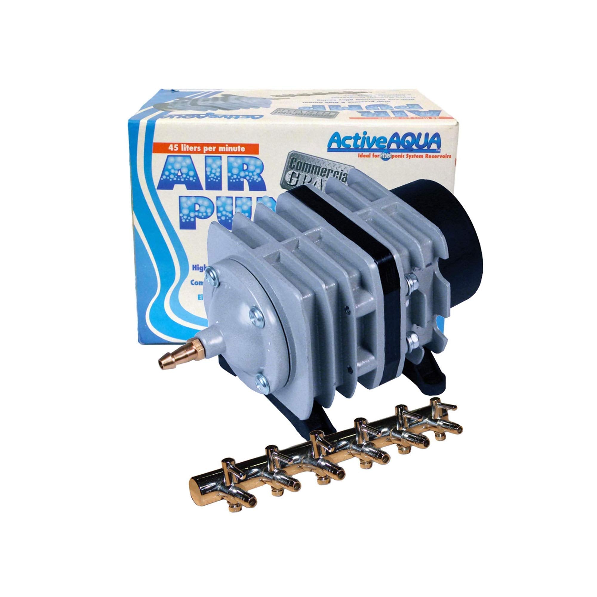 Hydrofarm Air Pump AAPA45L, 20W, 45L/min, 6 Outlets, Silver Aluminum, Commercial Use