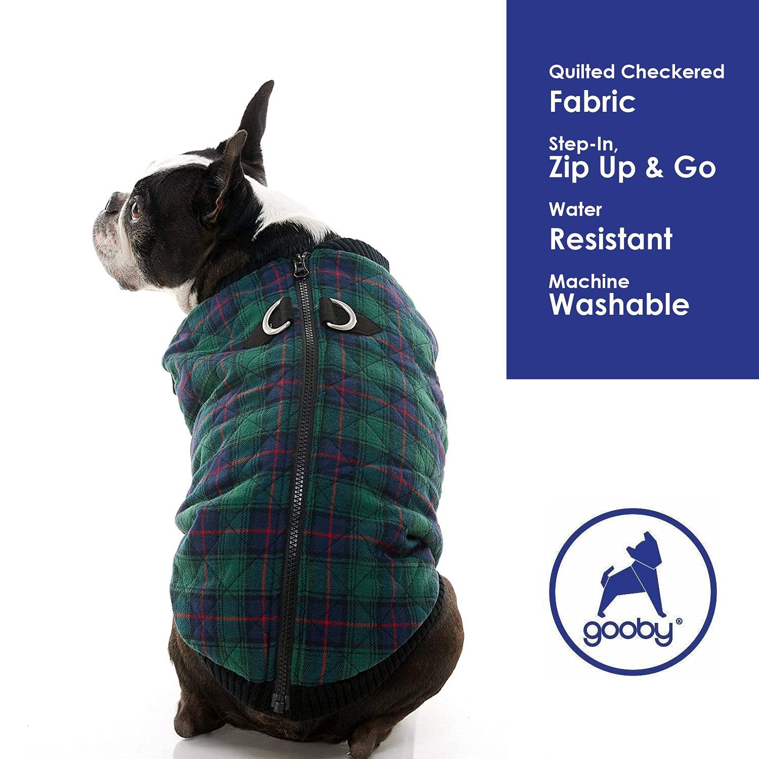 Gooby Fashion Vest Check Dog Jacket - Green Check, Small - Warm Zip Up Dog Bomber Vest With Dual D Ring Leash - Winter Water Resistant Small Dog Sweater - Dog Clothes For Small Dogs Boy Or Medium Dogs