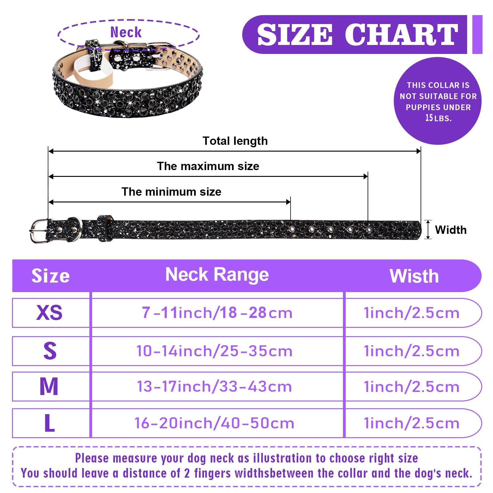 Octbersieg Rhinestone Leather Collar - Black Bling For Small To Large Dogs - Sparkly Diamond Glitter