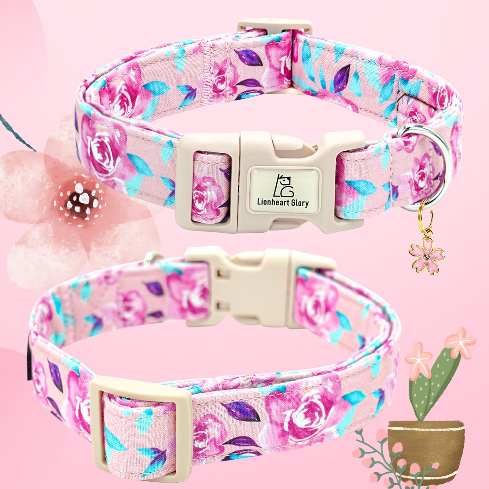 Lionheart Glory Dog Collar Floral Pattern Cute Collar For X-Small Dogs Spring Summer Female Or Male Collars Pet Gift Adjustable