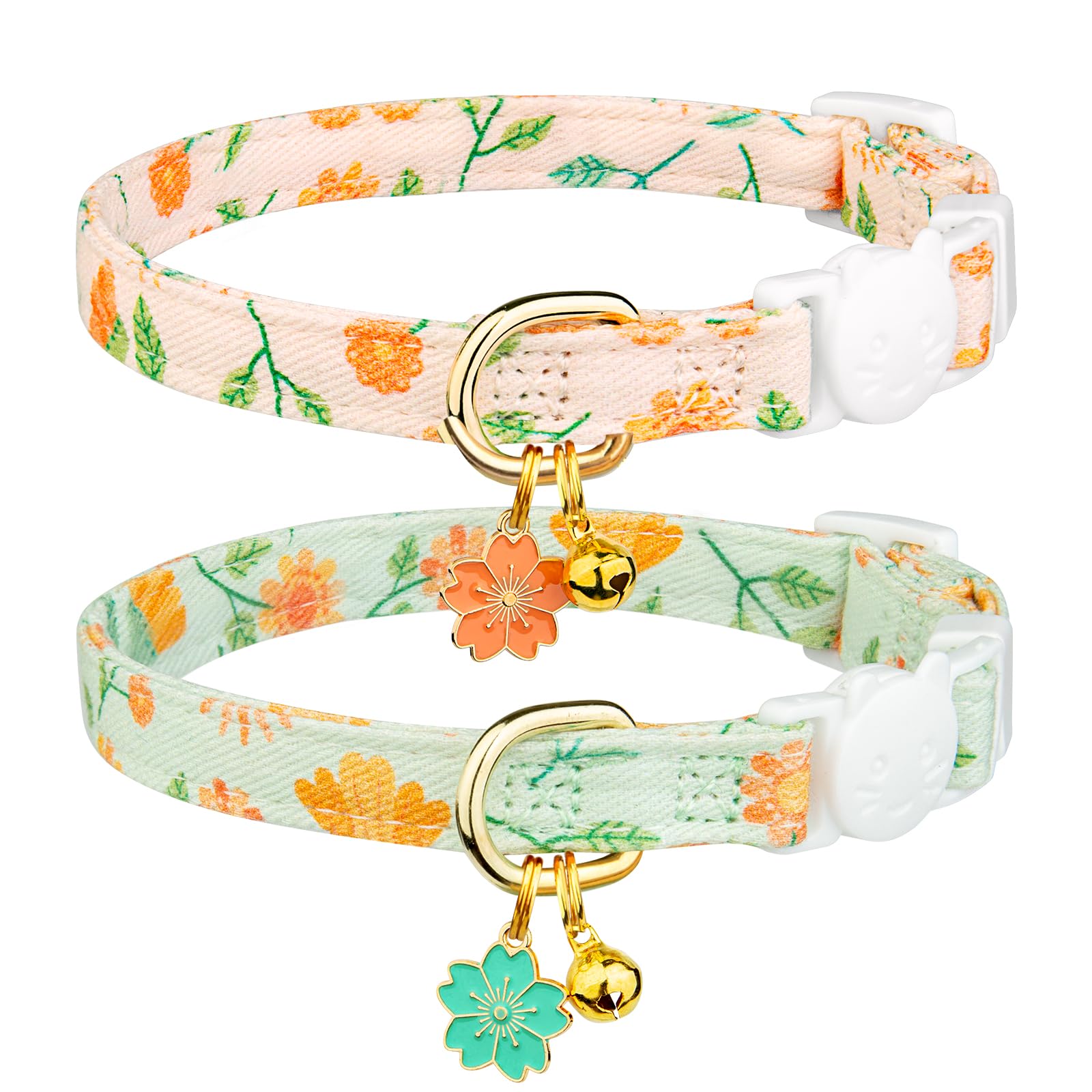 2 Pack Cotton Breakaway Cat Collar Beige And Green Flowers Pendant Cute Kitten Cat Collar With Bell