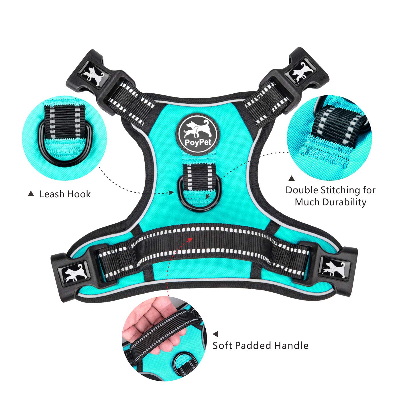 Poypet No Pull Dog Harness With 4 Snap Buckles, Reflective With Front & Back 2 Leash Hooks And An Easy Control Handle [No Need Go Over Dog’S Head](Mint Blue,M)