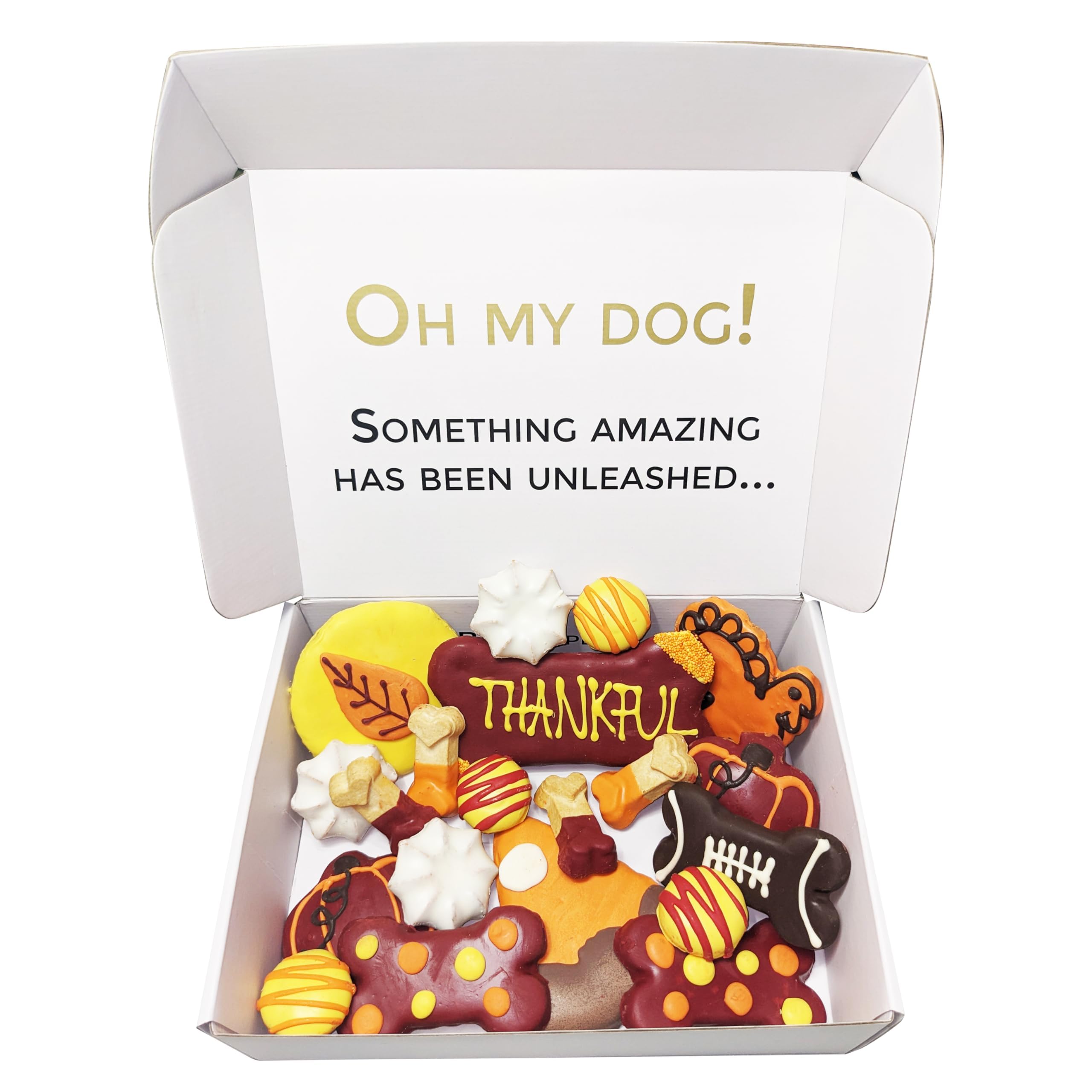 Bonne et Filou Thankful Dog Treats, Gourmet Gift Box, 22 Festive Fall Themed Macarons, Truffles & Bone Cookies, Healthy Snacks f