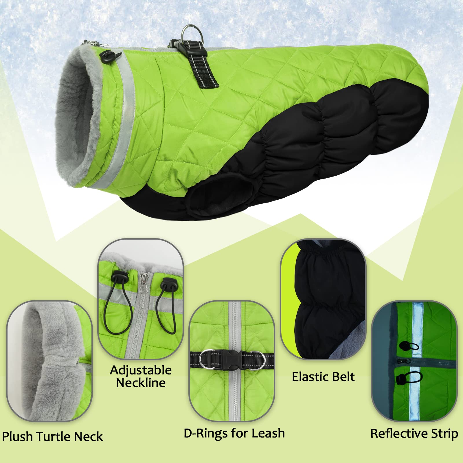 LeLePet Waterproof Medium Dog Coat, Lime Padded Vest with Harness, Windproof Reflective Fleece Jacket for Winter