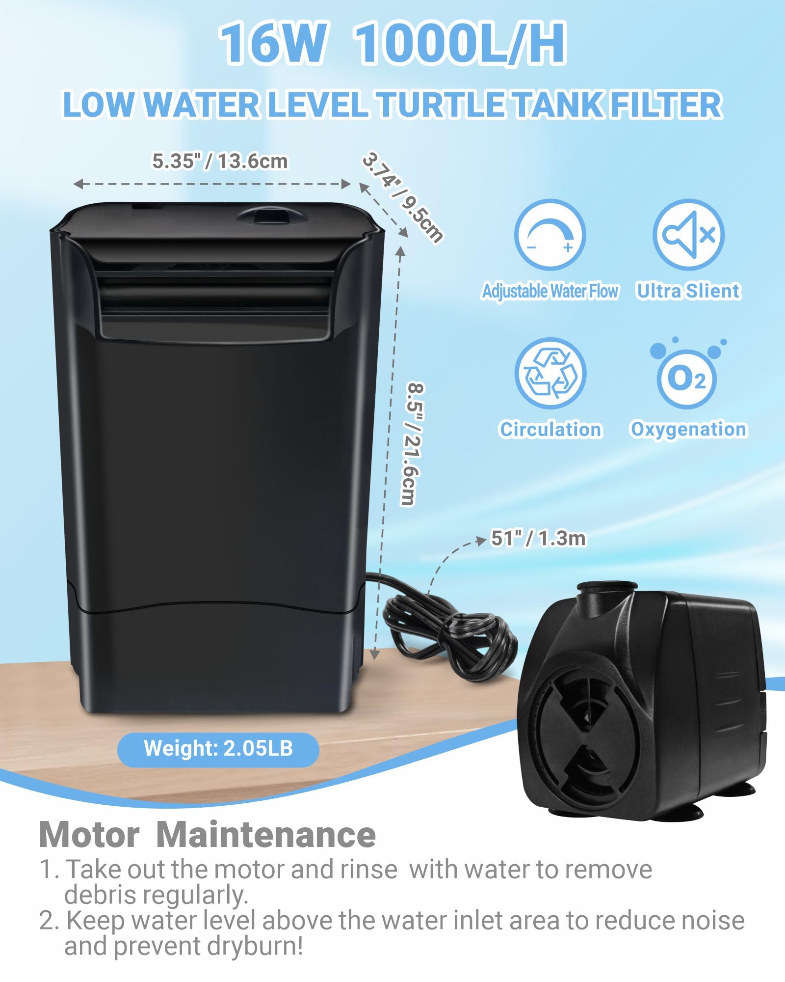 GOZILLA 265GPH Turtle Tank Filter,16W High Flow-Rate Adjustable Turtle Filter Fish Tank Filter, Silent Waterfall Aquarium Filter