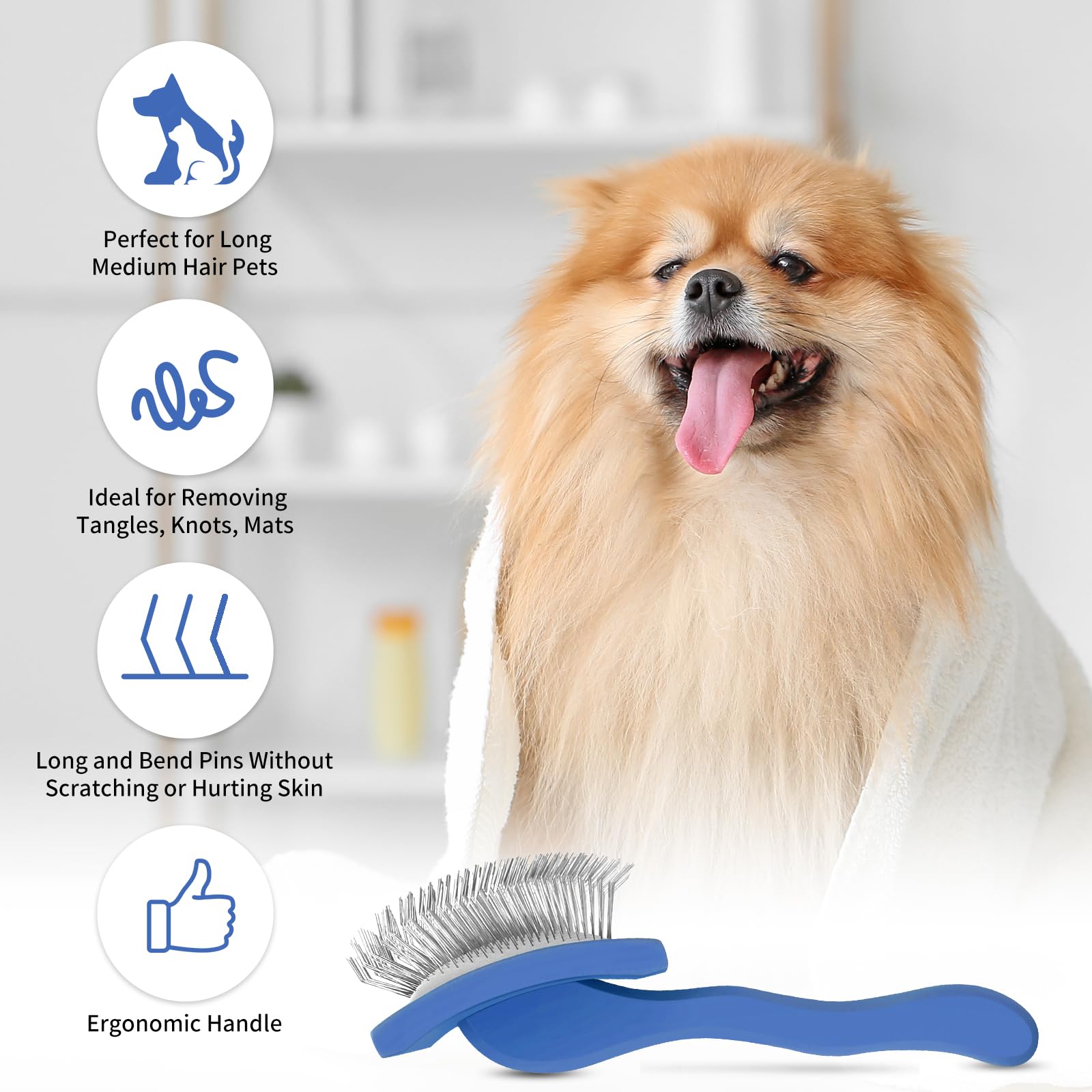 Wopqaem Slicker Brush For Dogs, Long Pin Dog Grooming Brush For Goldendoodles, Poodles, Doodles & More, Includes Bonus Pet Comb, Perfect For De-Shedding, Dematting & Reducing Tangles. Large, Blue