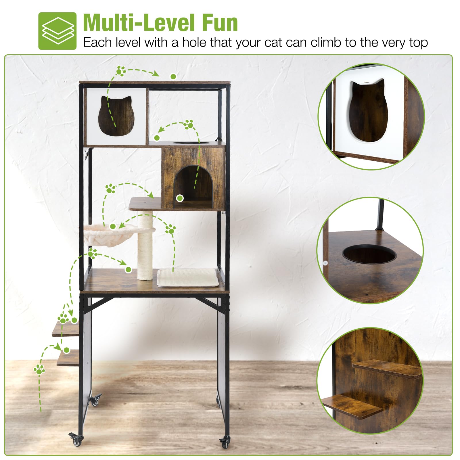 Gutinneen Cat Litter Box Enclosure 2-In-1 Wooden Hidden Washroom Furniture Large Indoor Cat House With House Condo,Scratch Post,