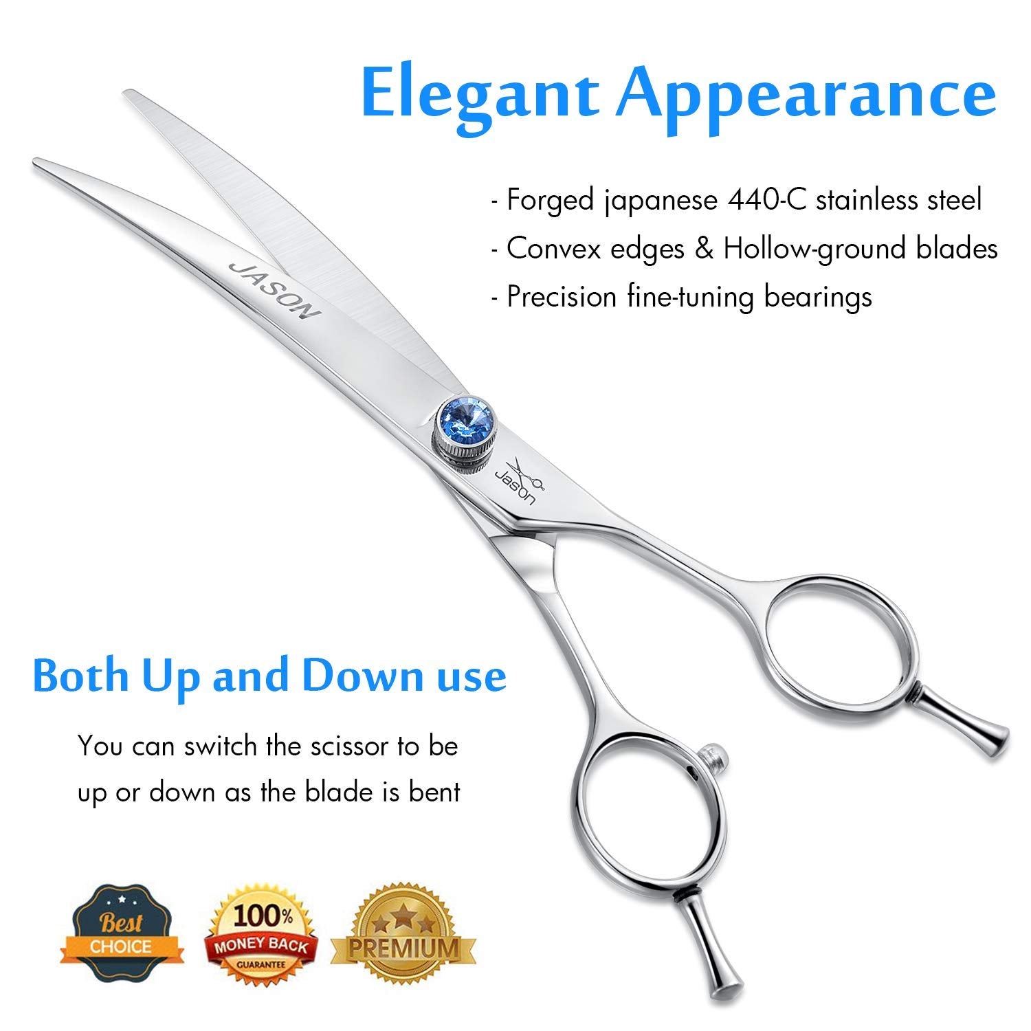 Jason 7' Curved Dog Grooming Scissors, Ergonomic Pets Cats Trimming Shears With Offset Handle And A Jewelled Screw For Right Handed Groomers, Sharp, Comfortable