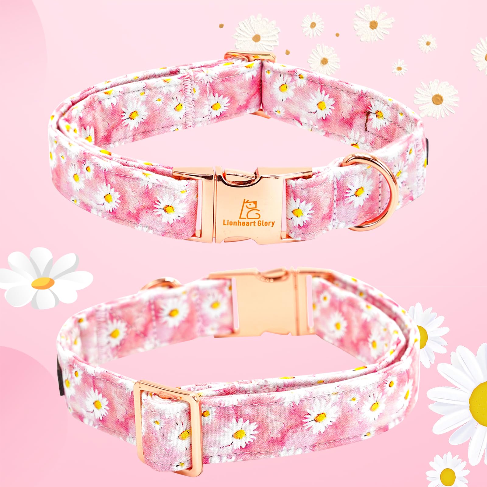 Lionheart Glory Dog Collar, Pink Floral Pattern Dog Bow Collar Girl Dog Collars With Bows Adjustable Durable Collar For Large Do