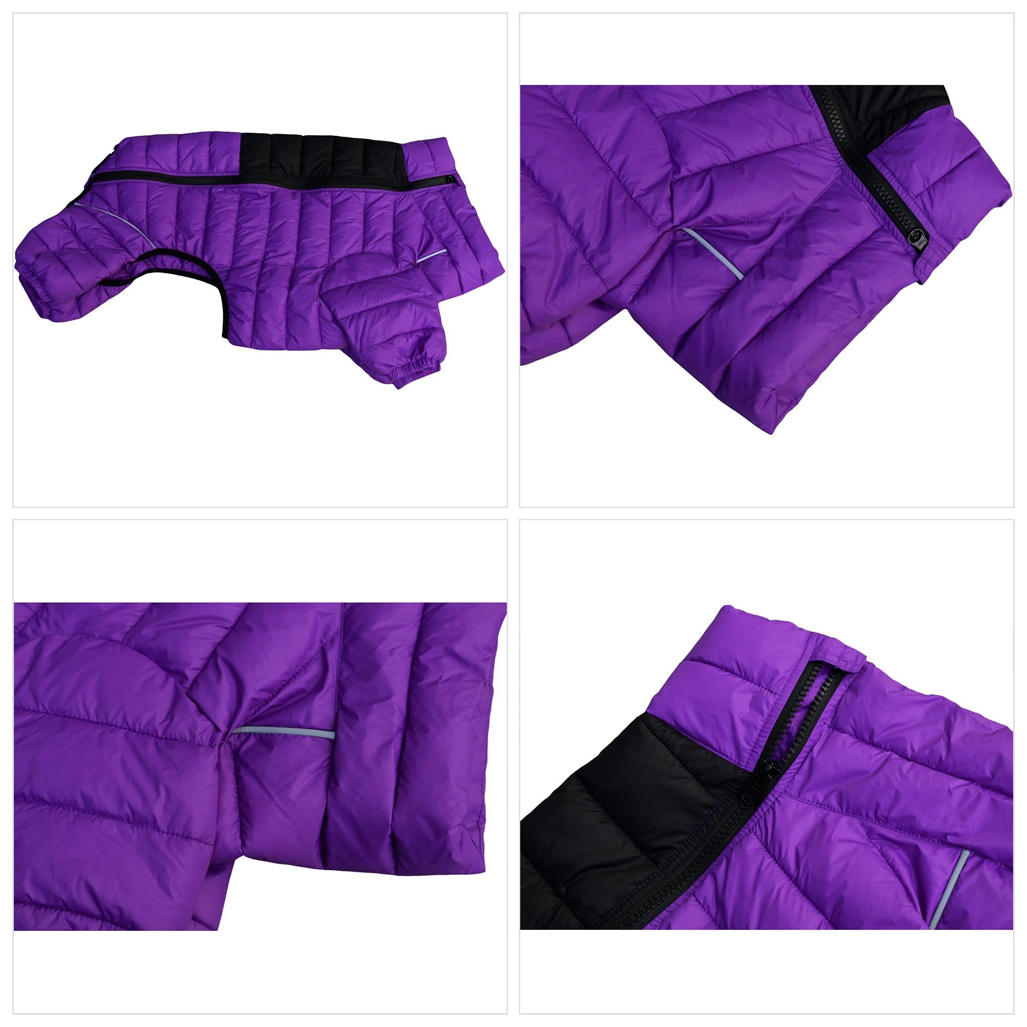 Dog Jacket 4-Leg Cover, Waterproof Windproof Reflective Warm Vest for Indoor/Outdoor, Adjustable Zippered, Medium Large Dogs, Pu