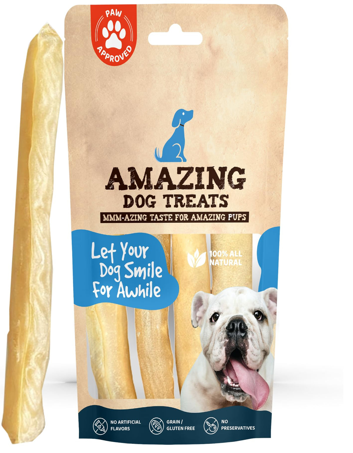 Amazing Dog Treats - Large Collagen Stick - (12 Inch - 4 Count) - Collagen Beef Cheek Rolls For Dogs - 100% Pure Collagen Sticks