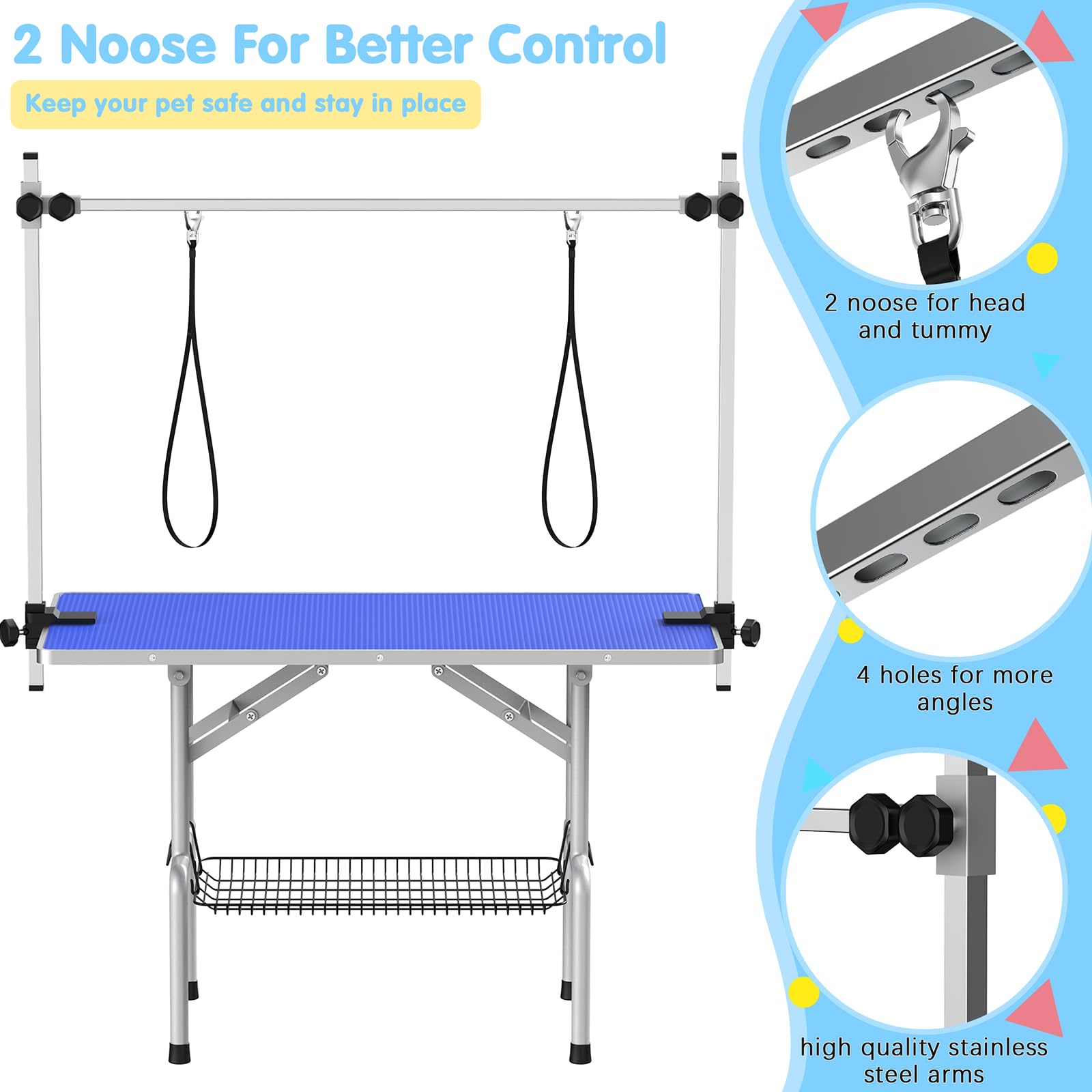 Lyromix 46Large Dog Grooming Table, Adjustable Cat Drying Desktop with Arms, Nooses, Mesh Tray, Foldable Pet Station at Home,