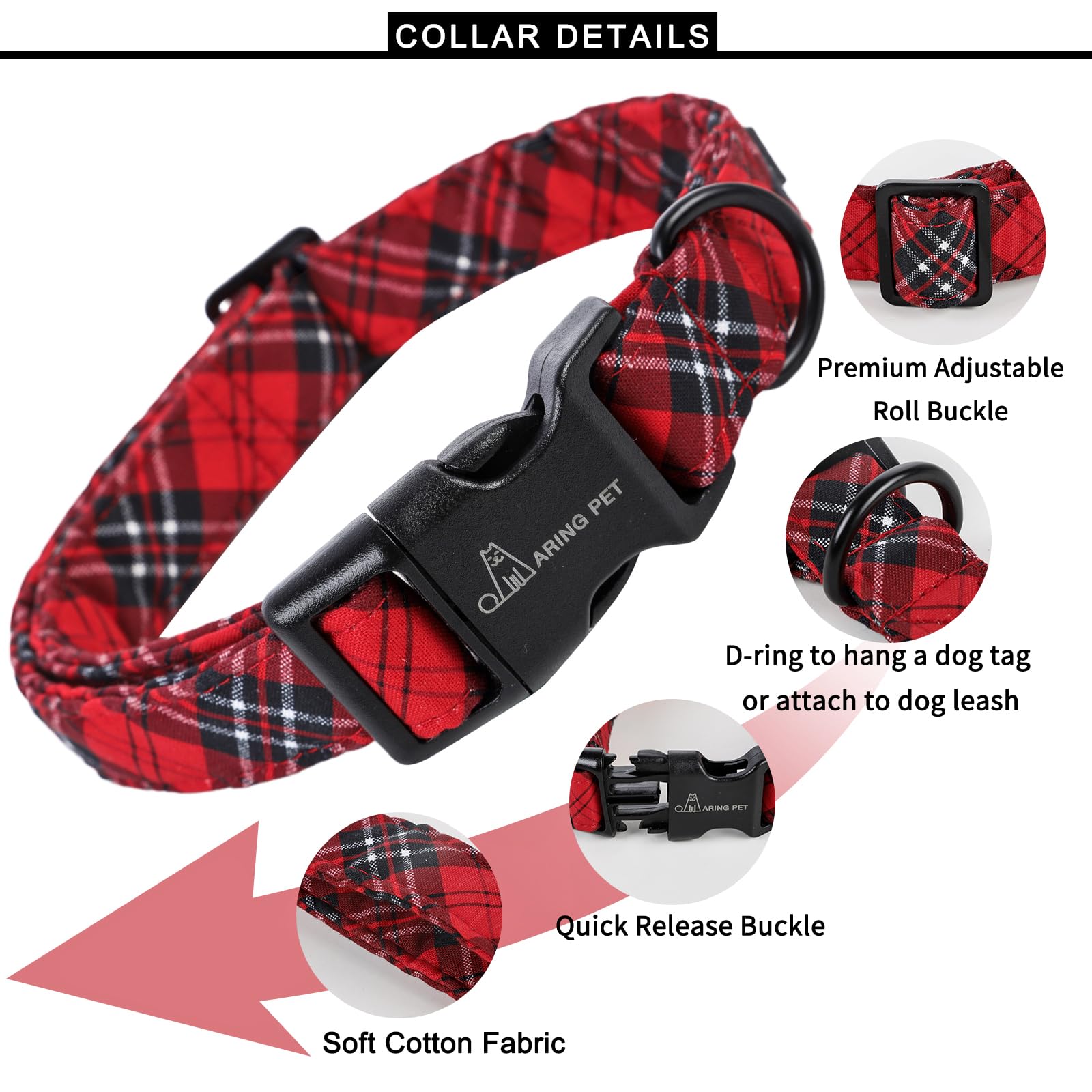 Aring Pet Christmas Dog Collar-Cotton Lightweight Dog Collars, Adjustable Red Plaid Christmas Pet Collars Puppy Collar With Quic