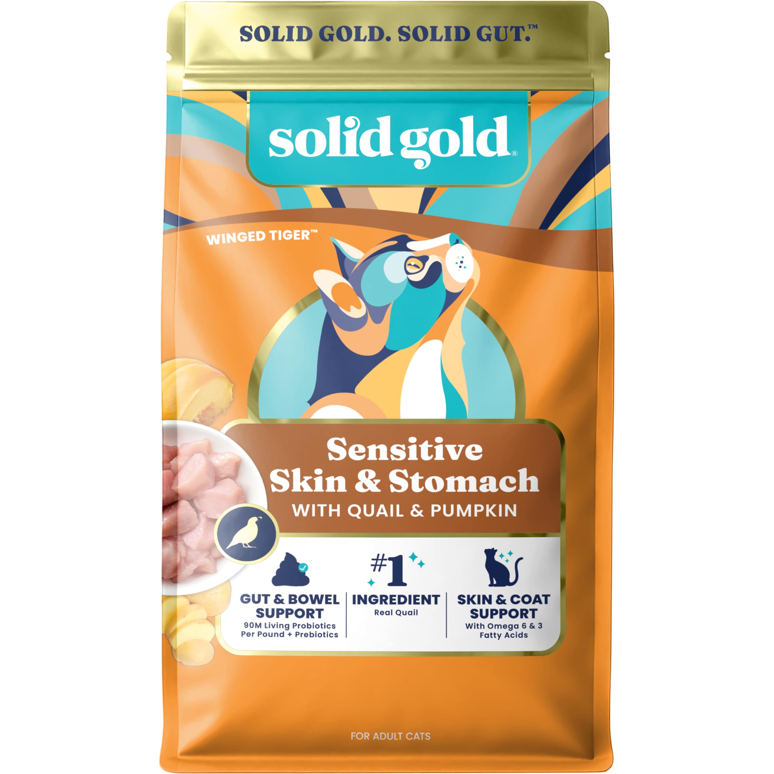 Solid Gold Sensitive Stomach Dry Cat Food - Grain Free - 6lb Quail & Pumpkin for Indoor Adult/Senior Cats - Probiotics for Gut Health