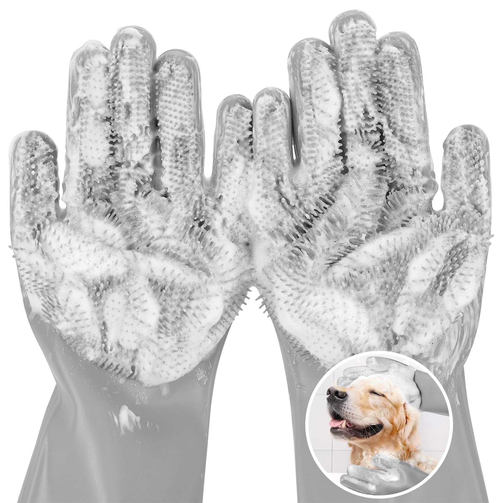 Pecute Pet Grooming Gloves, Large, Gray, Heat Resistant, High-Density Teeth, Silicone Dog Bathing Gloves With Enhanced Five Finger Design, For Washing, Bathing, And Massaging
