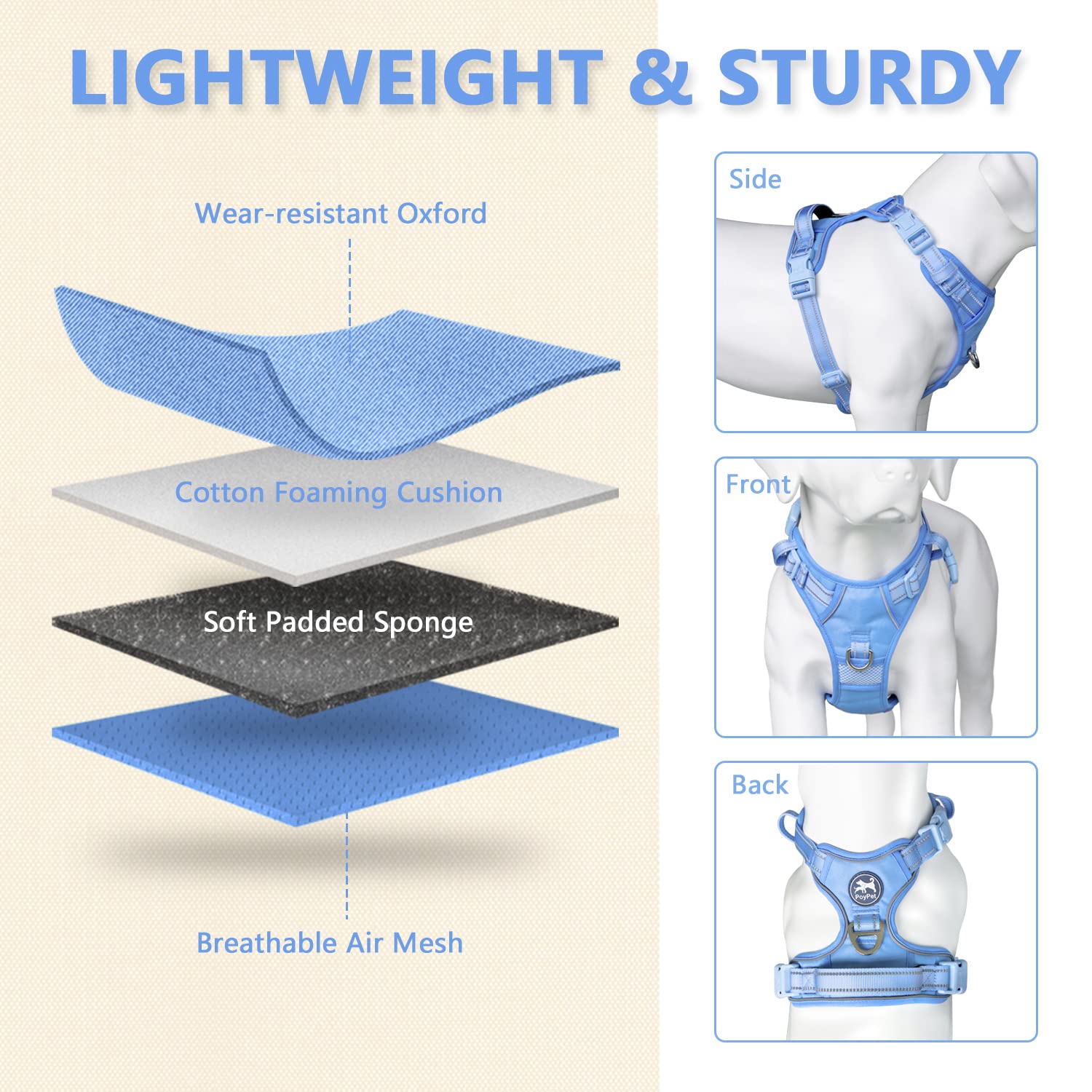 Poypet No Pull Dog Harness, No Choke Reflective Dog Vest, Adjustable Pet Harnesses With Easy Control Padded Handle For Small Medium Large Dogs(Light Blue Matching Trim,L)