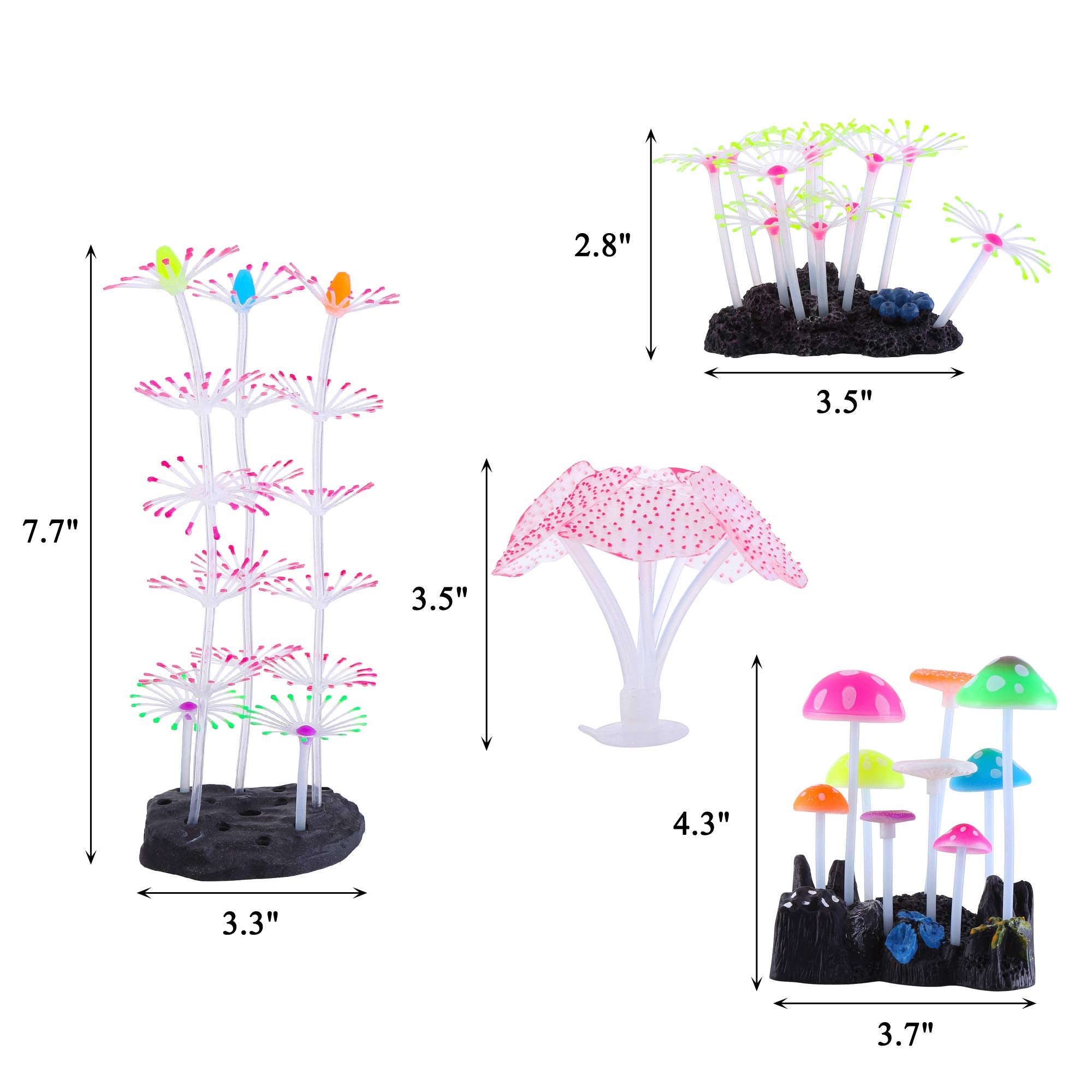 Lpraer Glow Aquarium Decorations - 4 Pack Silicone Coral Reef & Anemone, IIUS00153, Glowing Effect for Fish Tank
