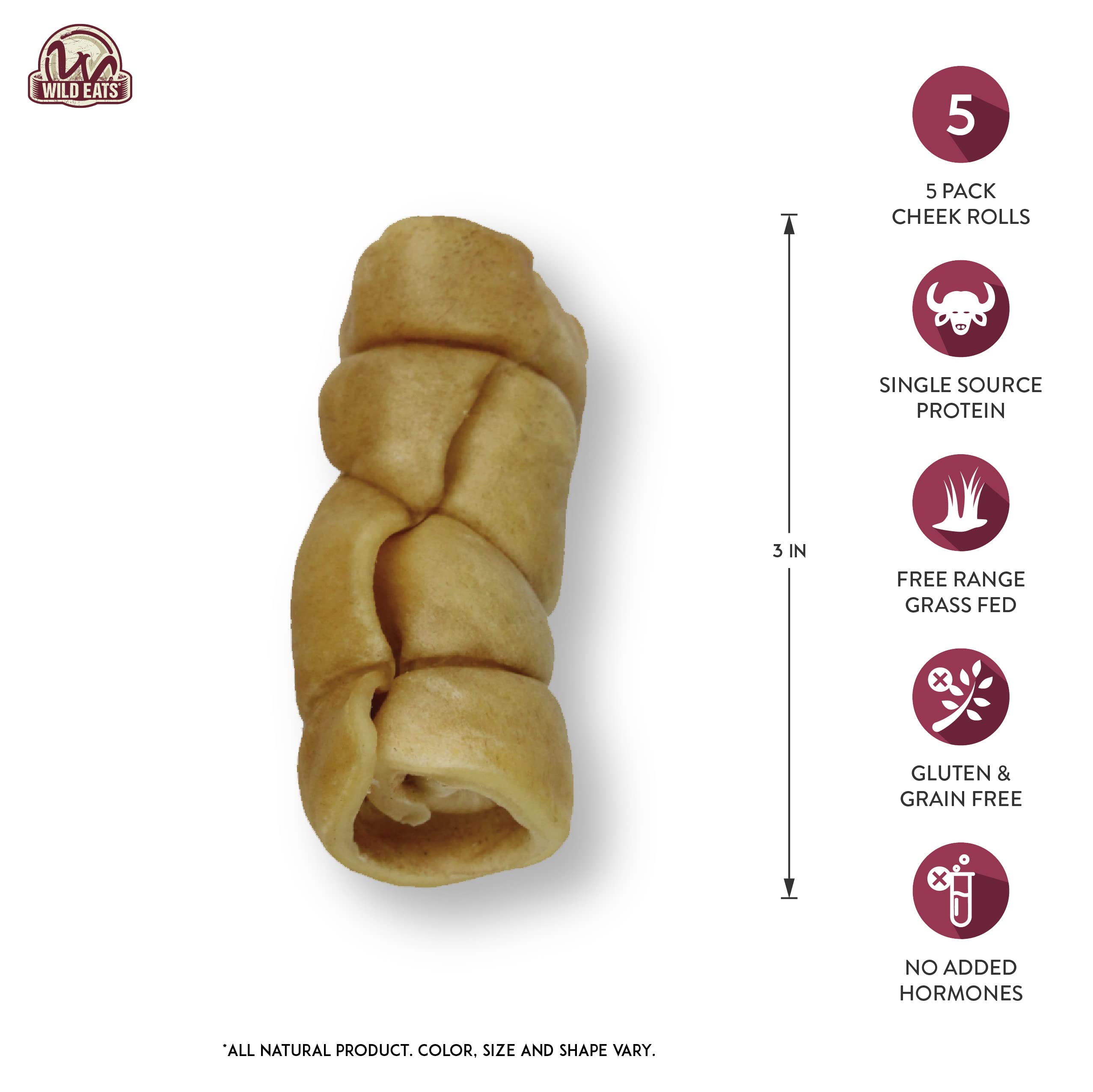 Wild Eats Water Buffalo Cheek Roll Dog Chews, 5 Pack - Long Lasting Treats for Medium Dogs, Ideal for Aggressive Chewers