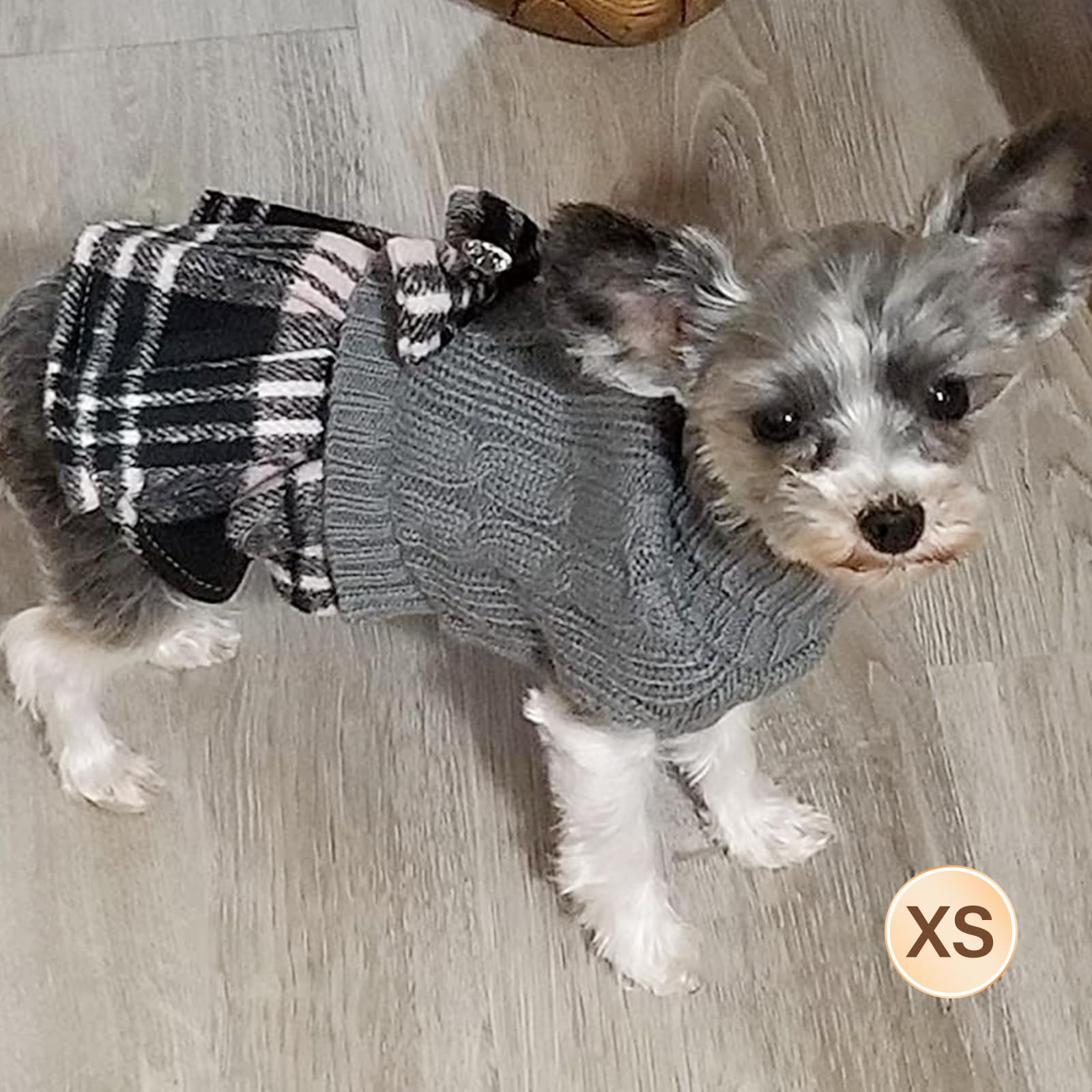 Kyeese Dogs Sweater Dress With Leash Hole For Small Dogs Plaid With Bowtie Turtleneck Dog Pullover Knitwear Puppy Cat Sweaters Grey