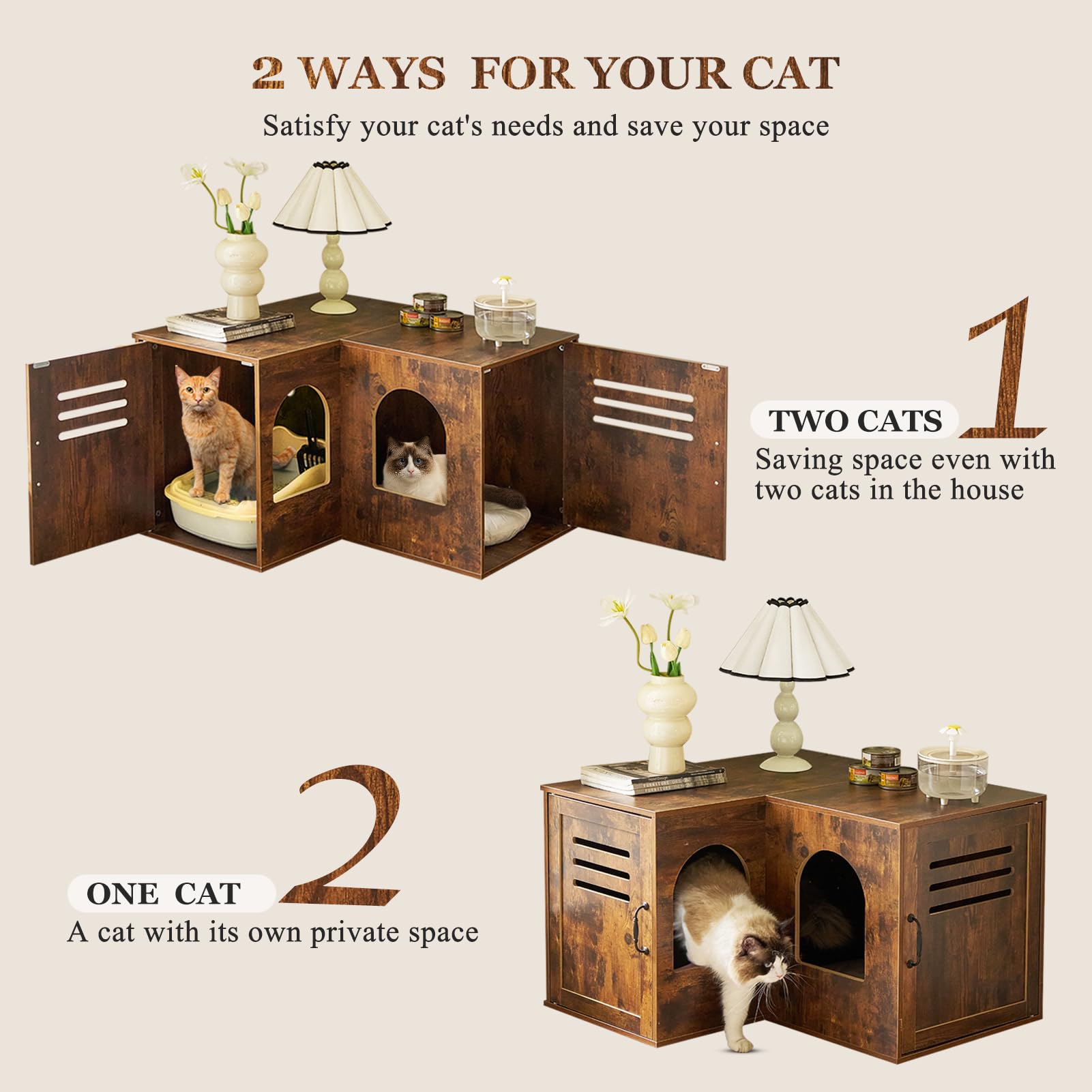 JanflyHome Corner Litter Box Enclosure, 31.5 Hidden Litter Box Furniture for 2 Cats, Indoor Cat House End Table with Double Room