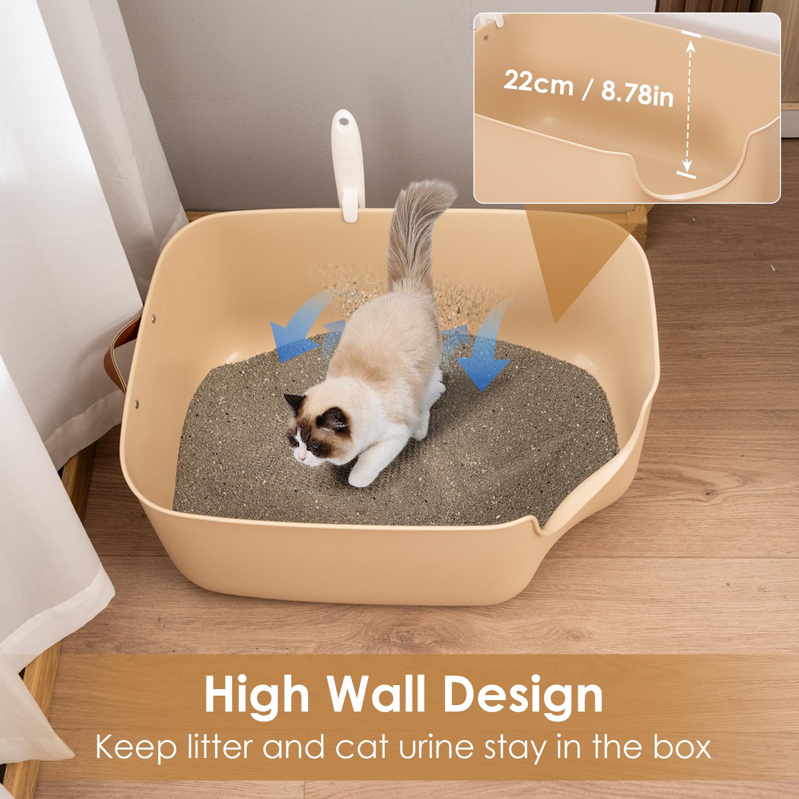 Olurrsia Large Cat Litter Box, Cat Litter Pan For Big Cats With Leather Side Handle & Litter Scoop - 22'' L X 16'' W X 8.8'' H,