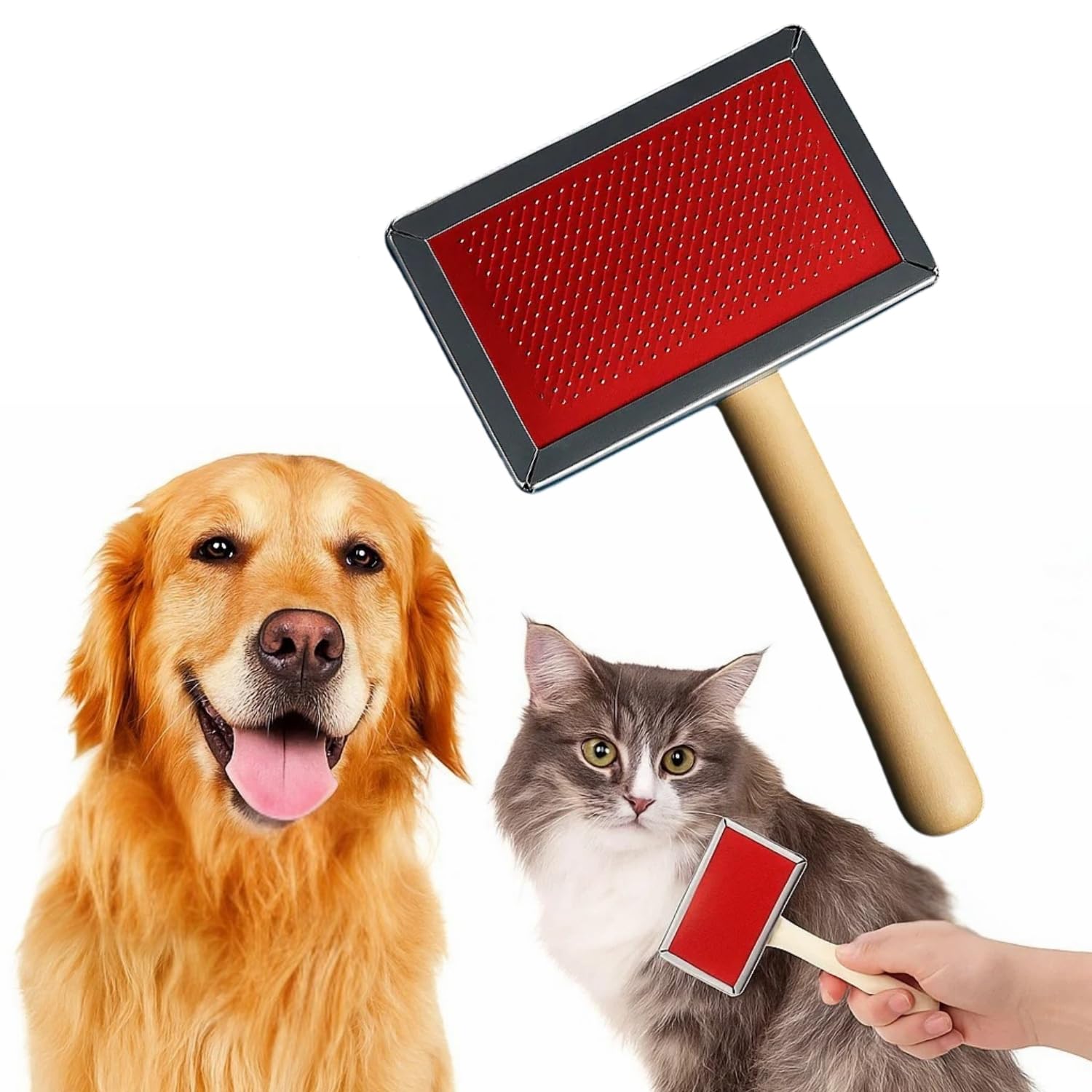 Sage Square Deshedding Brush With Wooden Handle For Dogs & Cats | Metal Pin Pet Grooming Comb | Stainless Steel Bristles & Metal