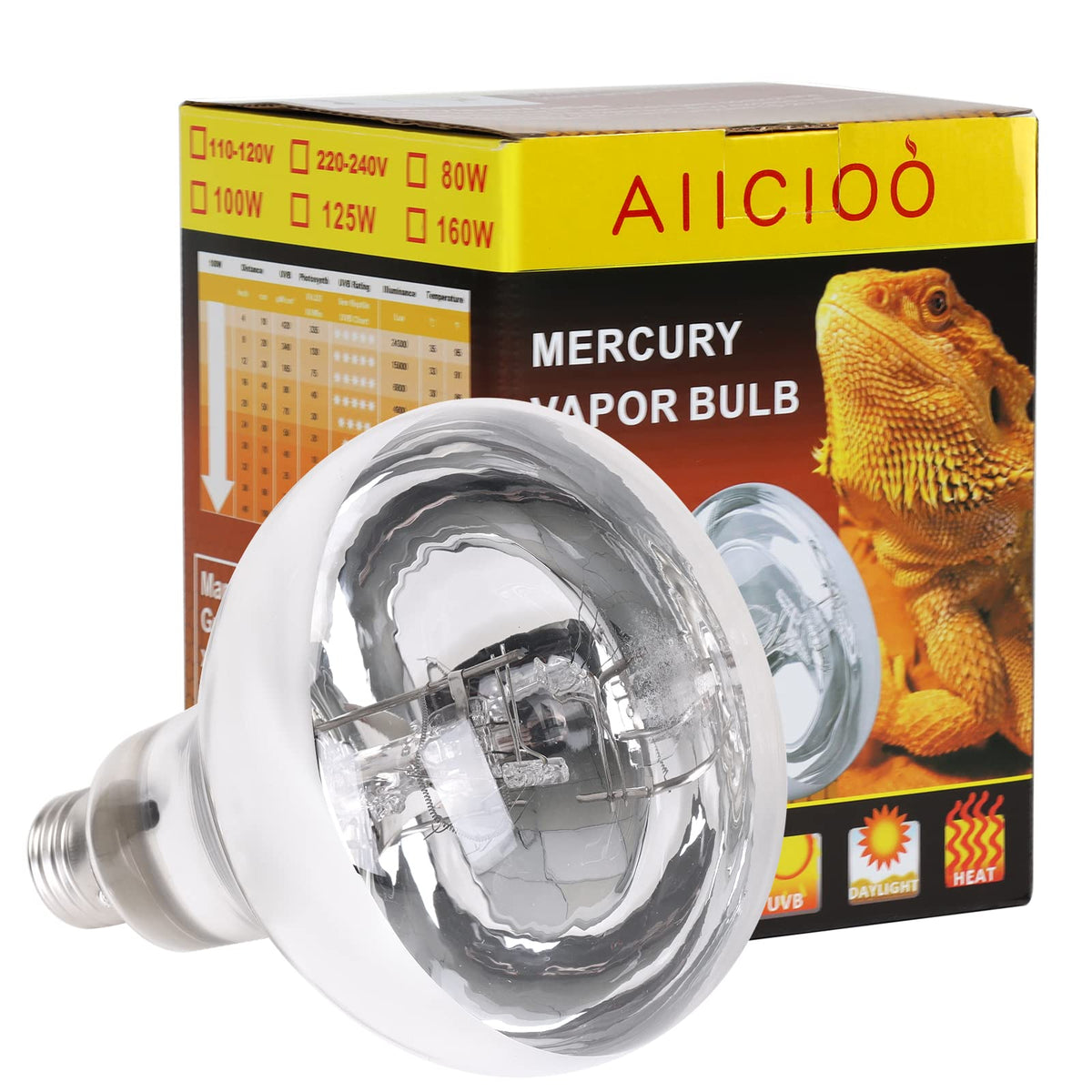 Aiicioo Uvb Reptile Light 80W - Uvb Light Bulb For Reptile Mercucry Vapor Bulb Heat Basking Lamp Bulb Full Spectrum Uva Uvb All 